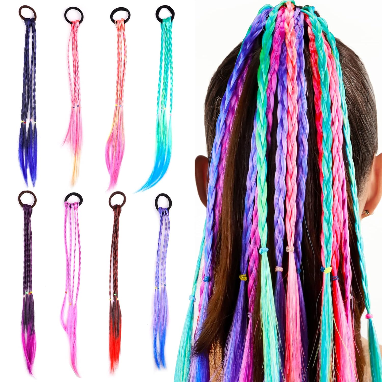 8 Pieces Colored Braids Hair Extensions with Rubber Bands