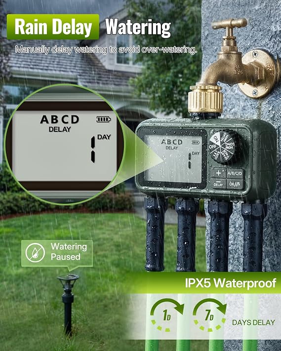 Brass Sprinkler Timer with Swivel, Programmable Water Timer for Garden Hose with Auto/Manual/Rain Delay Watering, Digital Irrigation System Kit,for Garden, Yard, Lawn 4 Outlet F14WT06