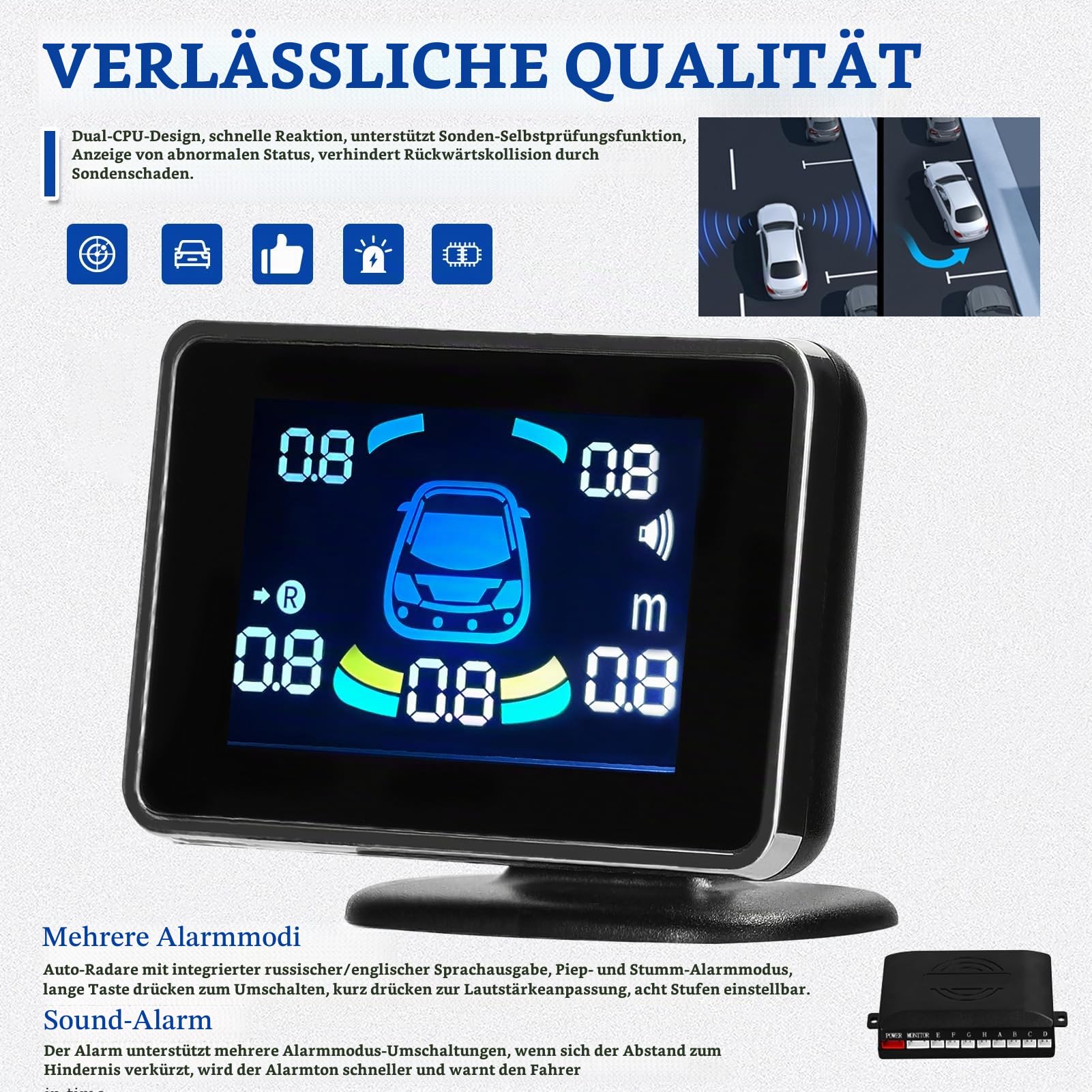 Shkalacar Einparkhilfe, Rückfahrhilfe vorne hinten mit 8 Parksensoren, Abstandserkennung, LCD Abstandsanzeige, Unterstützt akustische Warnung/Summer/Stummschaltung, Parksensor für 12V Fahrzeugen,Grau