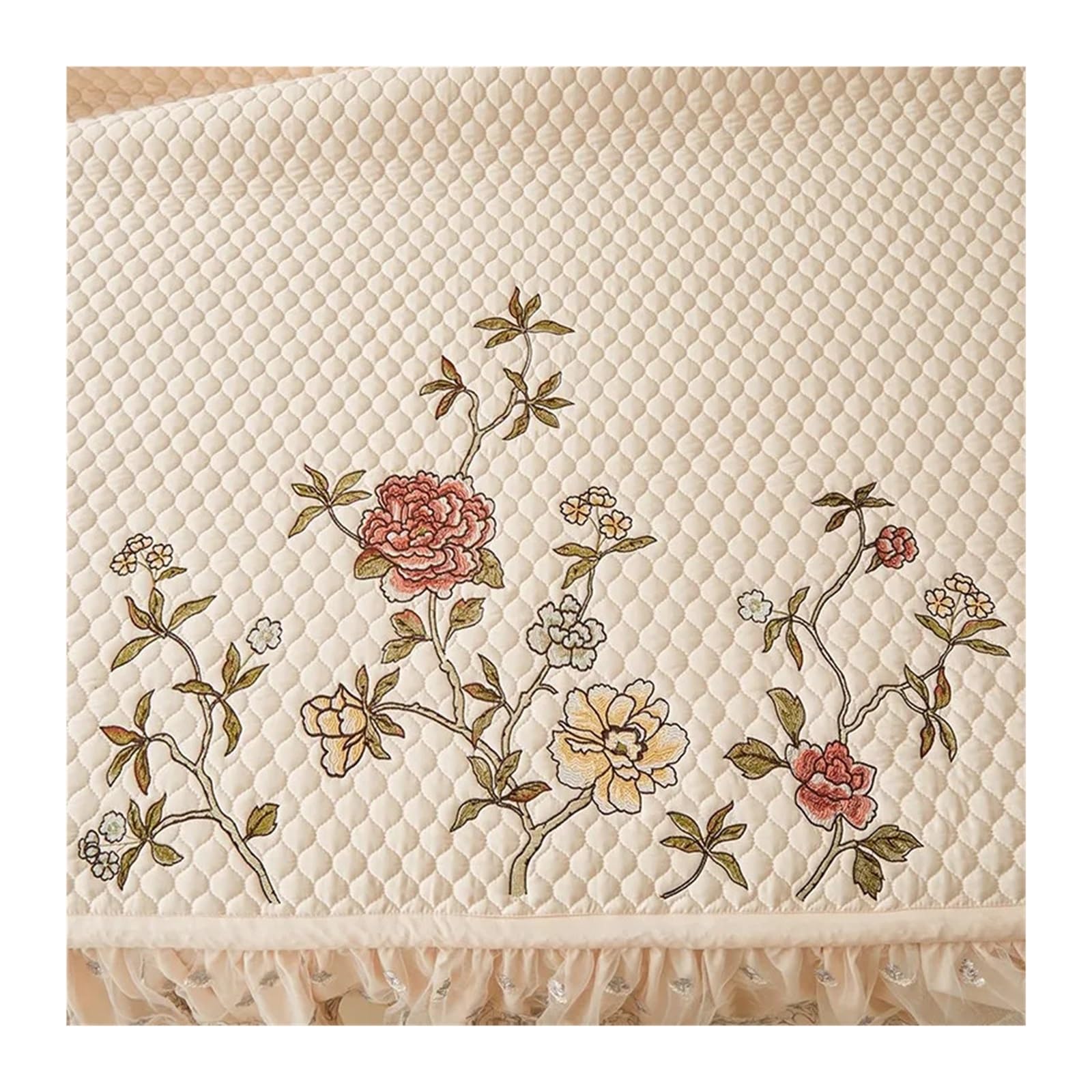 Colcha Cama Juego de Colcha Cama Verano con Volantes Elegantes Bordados, 3 uds., Acolchada Ligera y Suave, 2 ., Fundas Almohada(Khaki)