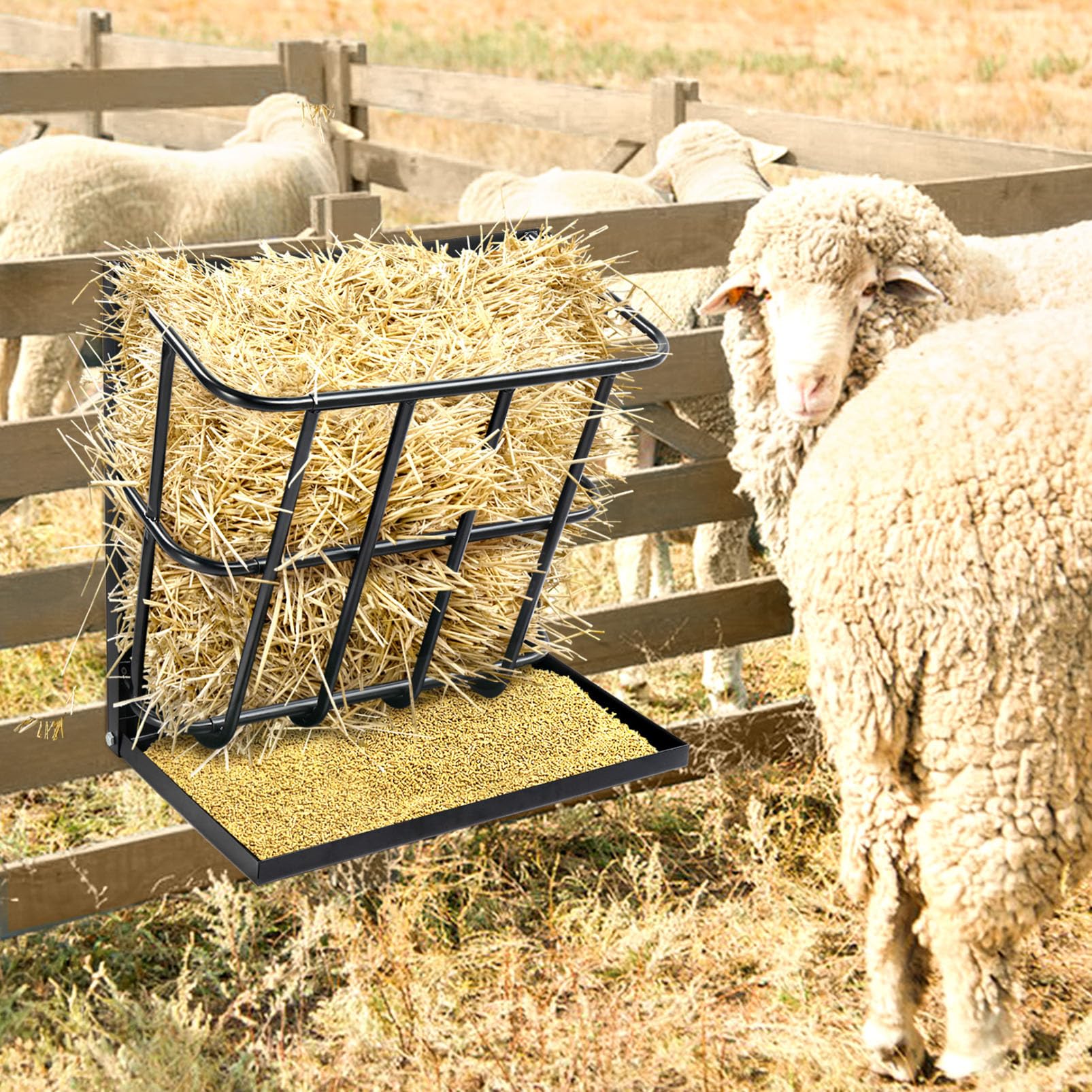 Comedero de heno de 23,6" de Largo para Caballos, comedero de heno de Gran Capacidad para Ganado con Bandeja de Grano Desmontable, Soporte de Pared 2 en 1 para Caballos, ovejas y Cabras, Uso