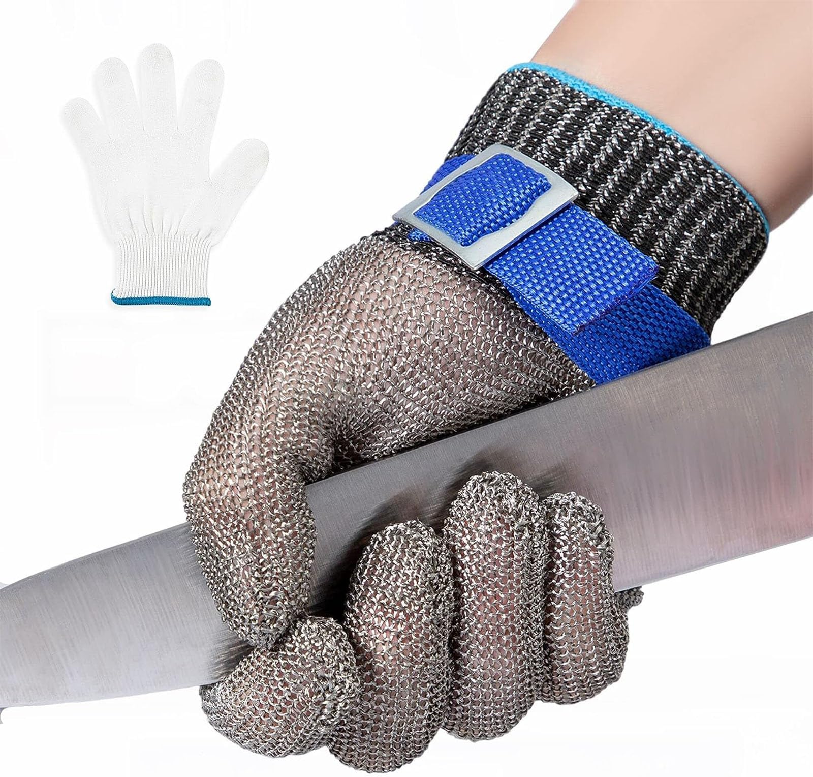 Bolivia'sCut Resistant Gloves, Level 9 Stainless Steel Cut Resistant Gloves Food Grade, Mesh Metal Glove with White Nylon Gloves, Cutting Glove for Meat, Fishing, Oyster Shucking
