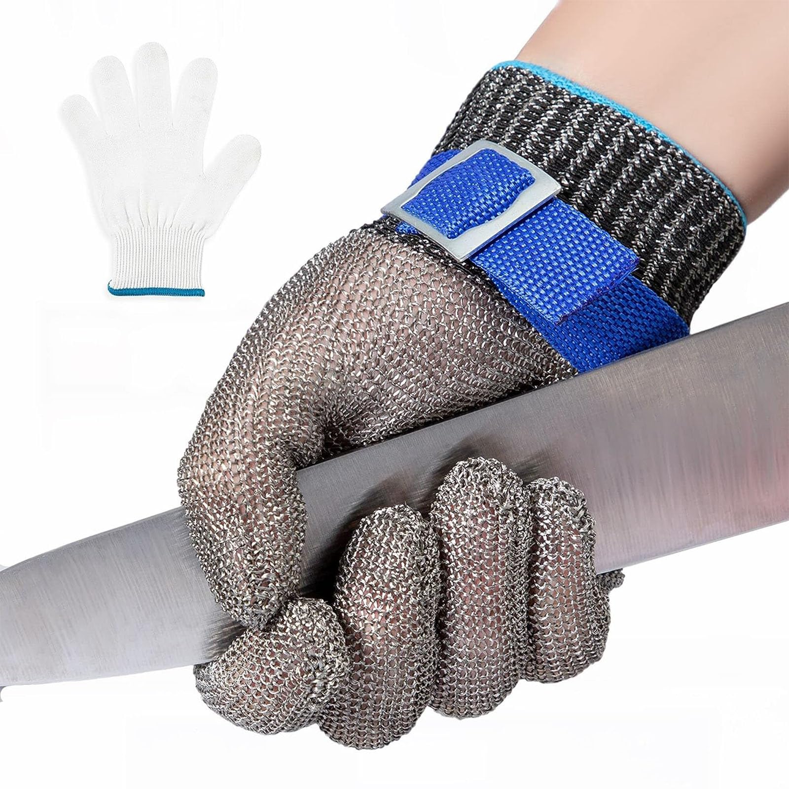Bolivia'sCut Resistant Gloves, Level 9 Stainless Steel Cut Resistant Gloves Food Grade, Mesh Metal Glove with White Nylon Gloves, Cutting Glove for Meat, Fishing, Oyster Shucking