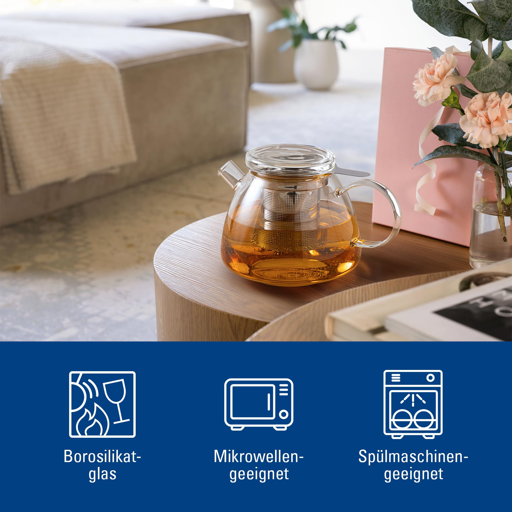 Villeroy & Boch - Artesano Hot&Cold Beverages Teekanne transparent, Spülmaschinenfest, Mikrowellensicher, Kaffeekanne für Kalt- und Heißgetränke, Kanne 1 Liter Füllmenge, Borosilikatglas
