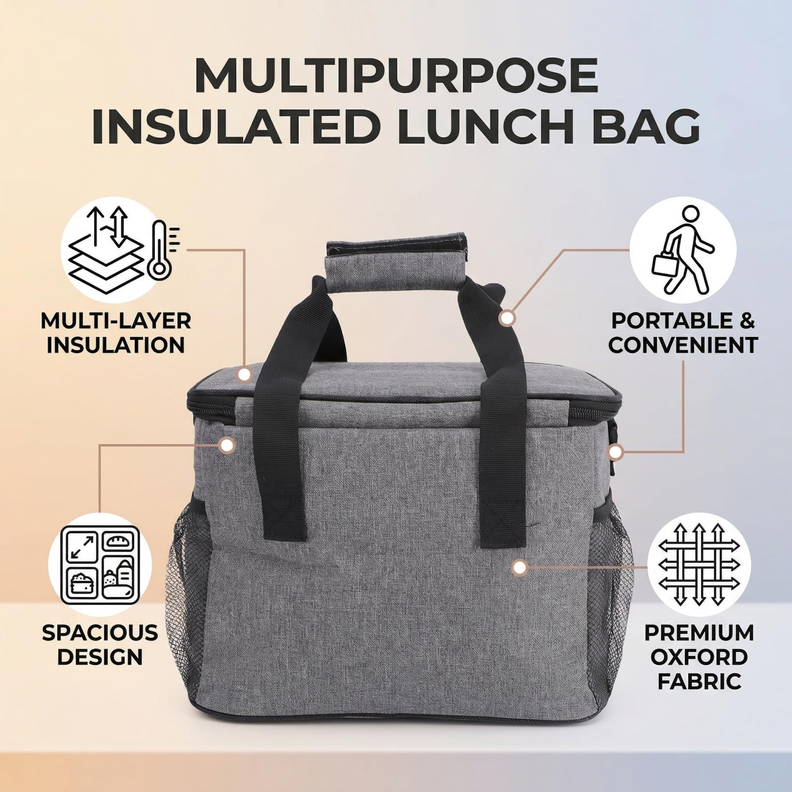 Ejoyous Borsa Termica per il Pranzo, Borsa Termica in Tessuto Oxford con Isolamento Ispessito a 4 Strati, Cerniera Sigillata, Tracolla Staccabile, Grande capacità per Lavoro, Picnic, Campeggio