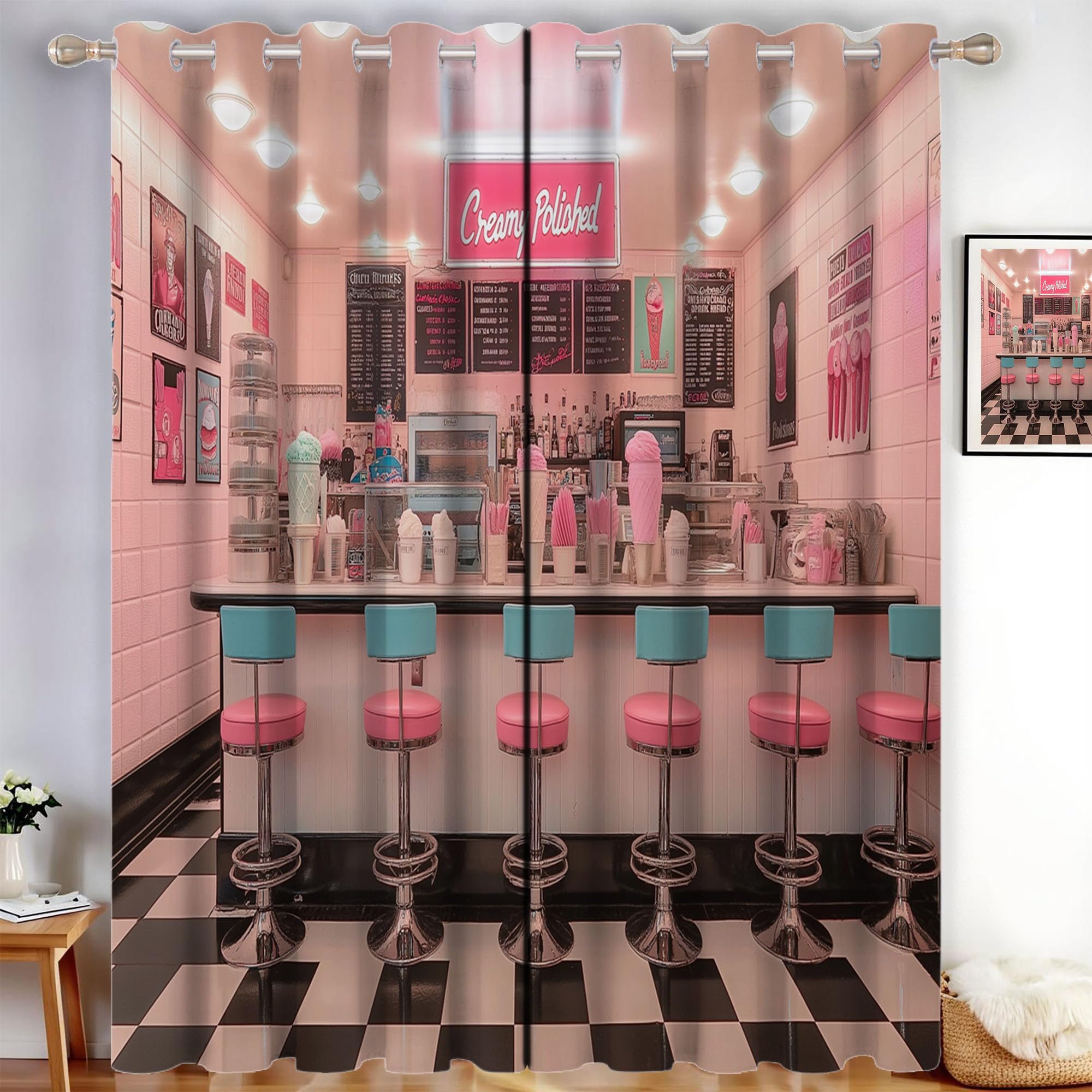 CDXNORA Retro Poster Blackout Thermal Insulated Curtain Ice Cream Shop BlackOut Curtain Privacy Protection for Bedroom Living Room, Pink,46 x 54 Inch, 2 Panels