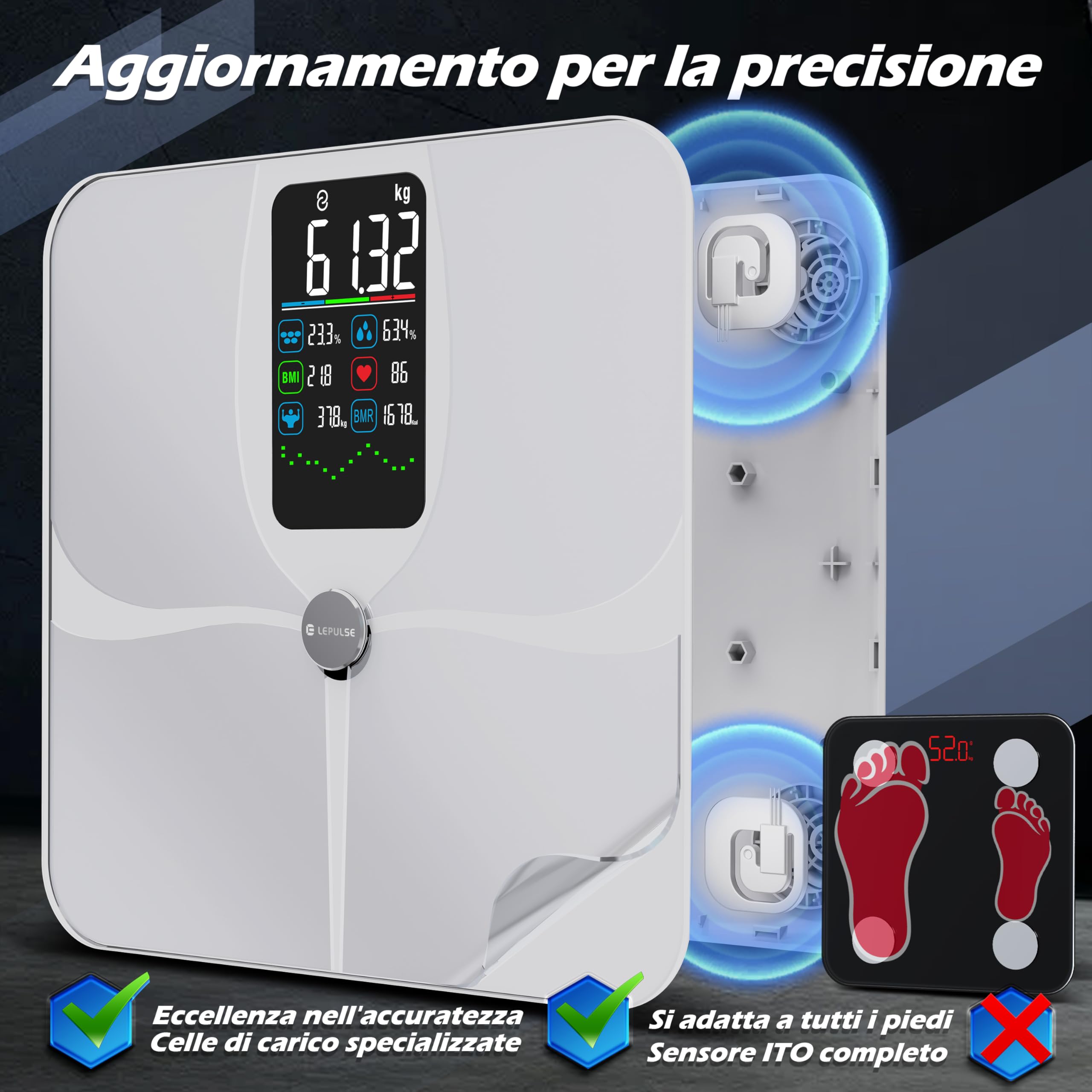 Lepulse Bilancia Impedenziometrica, Bilancia Intelligente Display Grande, Analisi Grasso Corporeo, Massa Muscolare, IMC, 22 Misurazioni, con App