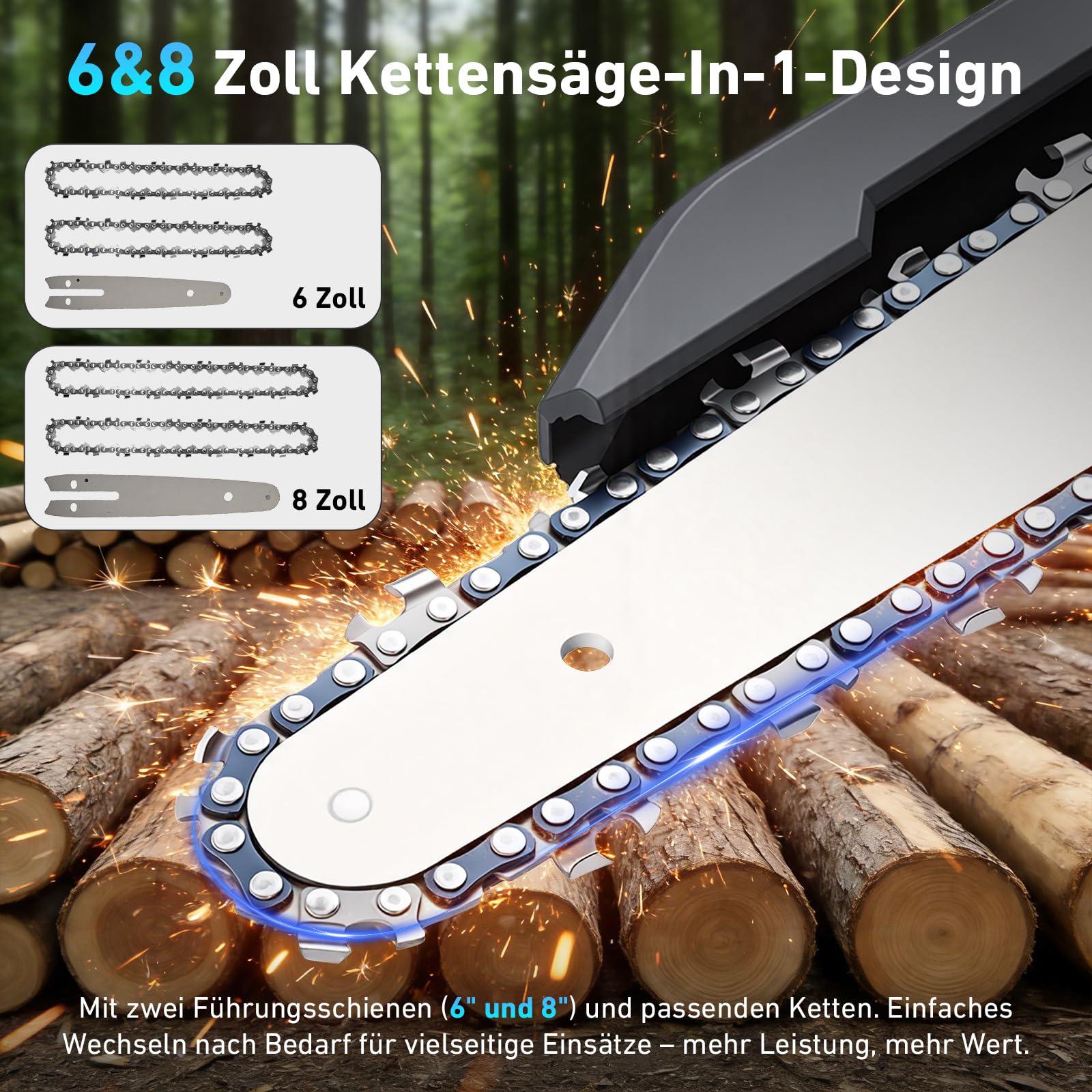 Mini motosega a batteria, 2 batterie agli ioni di litio da 4000 mAh, catena in metallo duro, lubrificazione automatica, doppia serratura di sicurezza, silenziosa e leggera, per giardino, legno