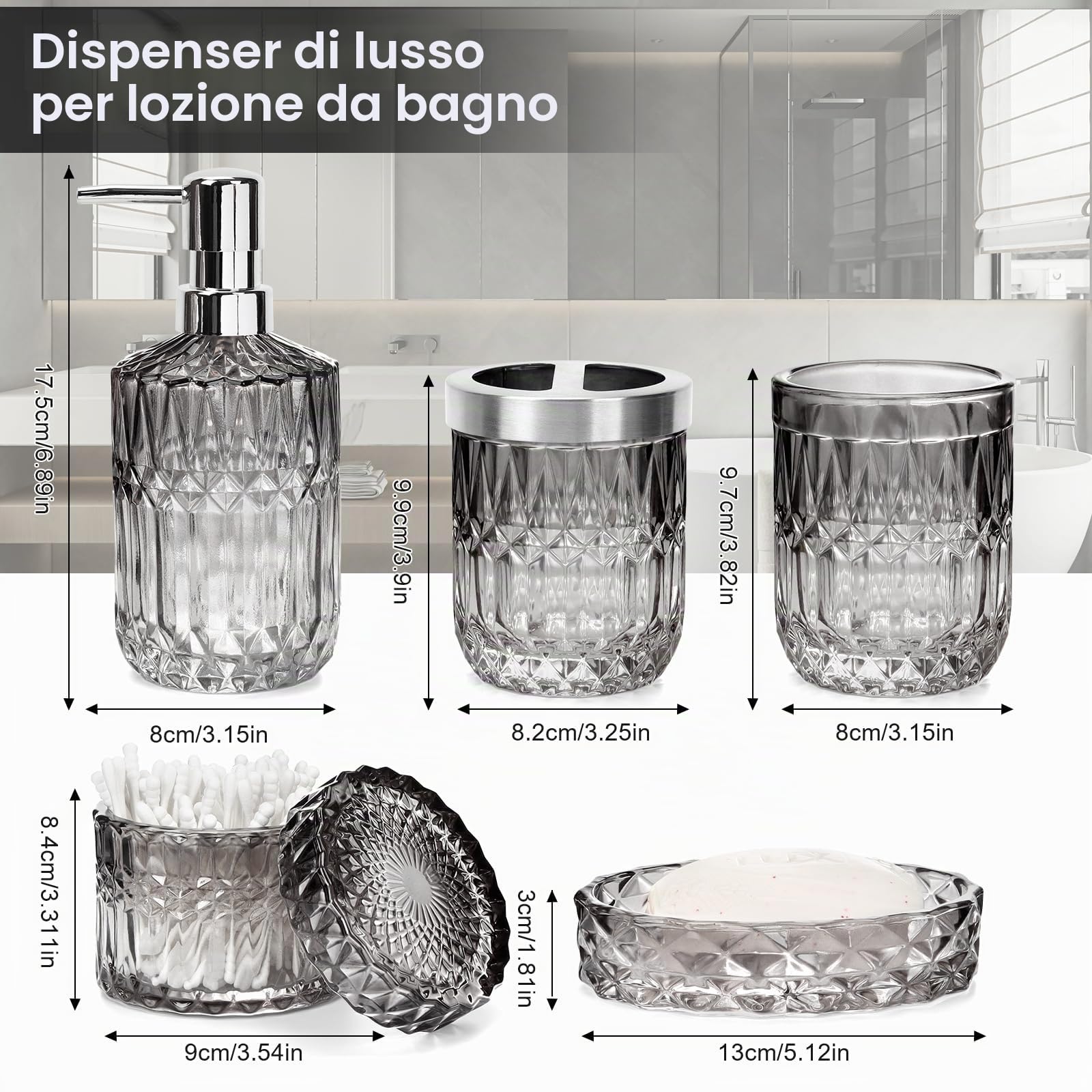 Set di 5 accessori da bagno in vetro – moderno dispenser di sapone, portasapone, portaspazzolino, bicchiere e barattolo per cotton fioc | Organizer da bagno dal design elegante (sfumato nero e
