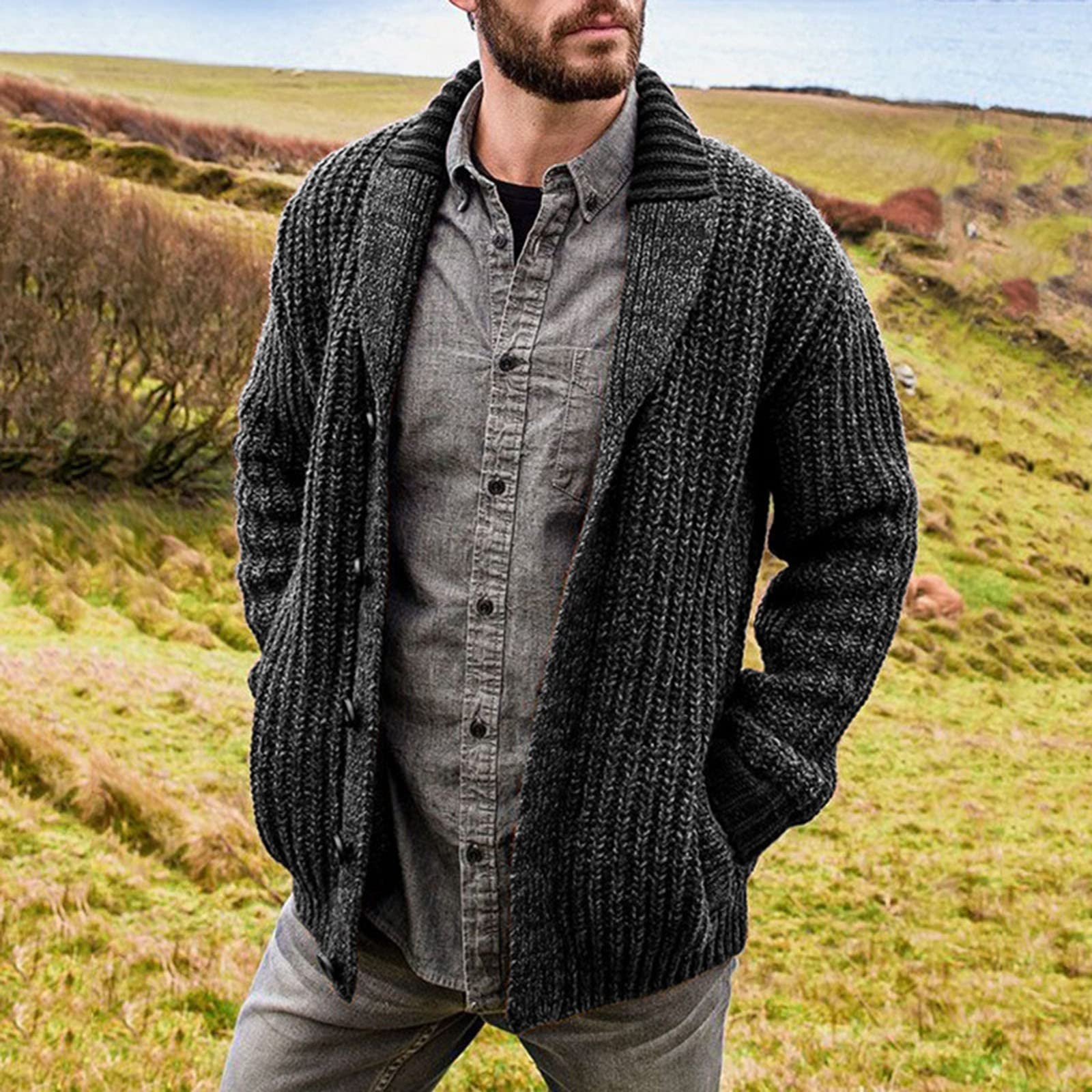 Cardigan Hombre Lana, Chaqueta Punto Hombre con Cuello En V Forrado con Botones De Punto Grueso Chaqueta De Transición Cálida Rebecas con Botones Y Bolsillos para Exterior El Ocio