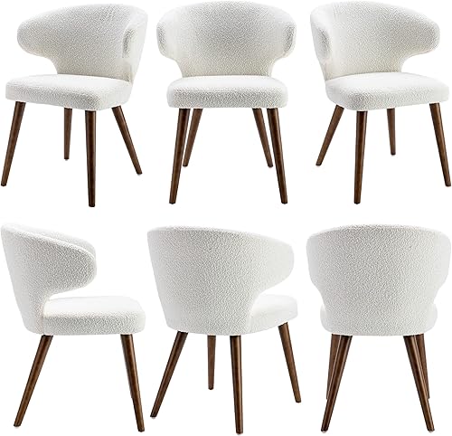 Miniatura 8 de Wahson Mid Century Modern Boucle Sherpa, sillas de comedor curvadas con respaldo alado, silla de comedor tapizada con patas de madera dura para