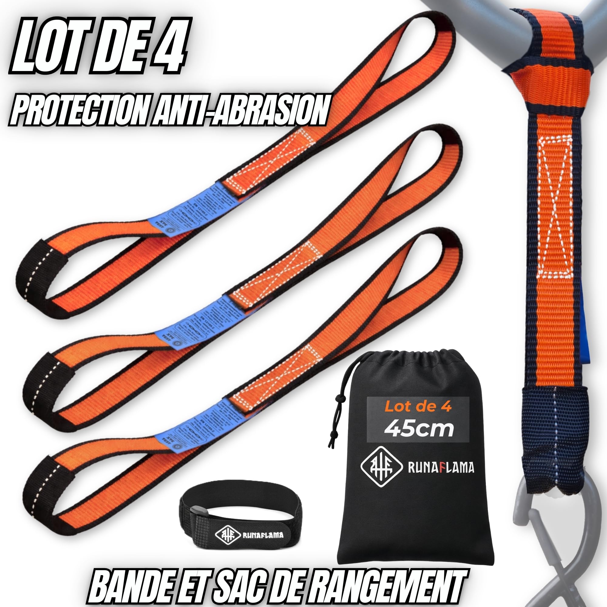 Motorcycle Trailer Lashing Strap - Small Motorcycle Strap for Tie Down Ring, Handlebar and Frame - Resistance 2400 kgf - Set of 4 in 45 cm Orange with Bag + Self Gripping Band - 3