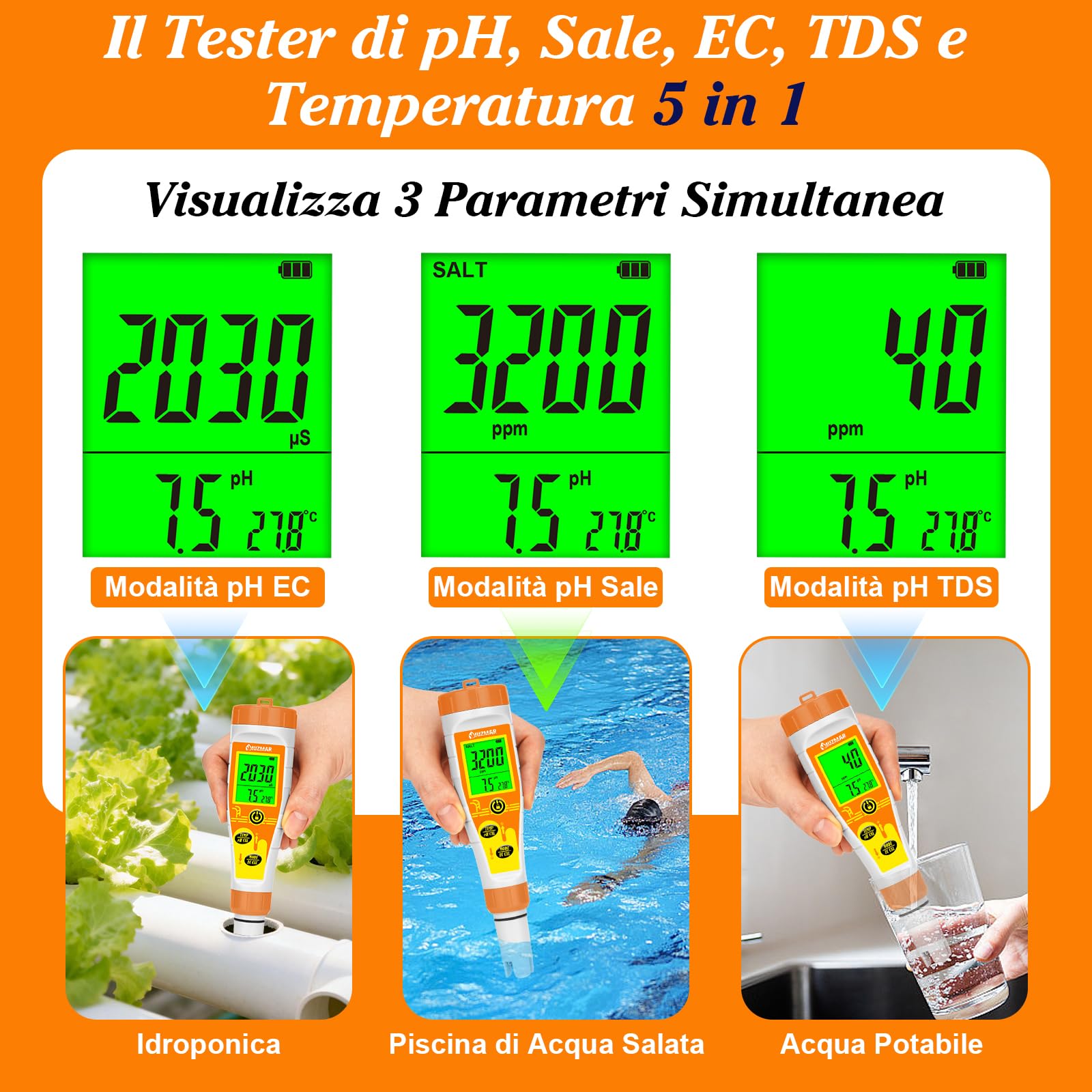 UIUZMAR Misuratore Salinità e pH Acqua, Misuratore pH Sale per Piscina, Misuratore Salinita pH EC TDS Temp 5 in 1 per Acquario Marino, Piscina Salata, Acqua Potabile, Idroponica