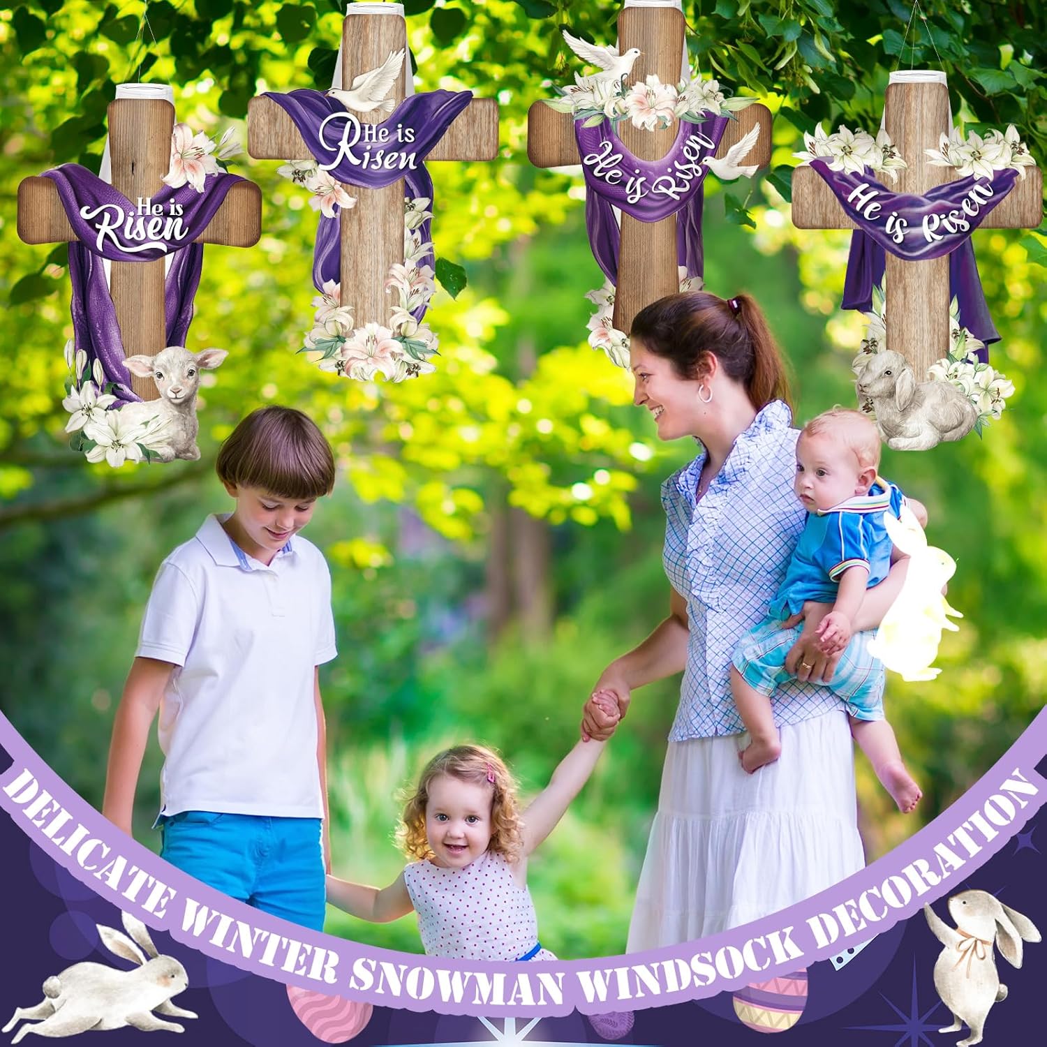 4 Pcs Outdoor Easter Hanging Windsocks Set He is Risen Cross Wind Socks Cute Waterproof Sheep and Peace Dove Wind Spinner for Easter Yard Garden Patio Lawn Outside Decor