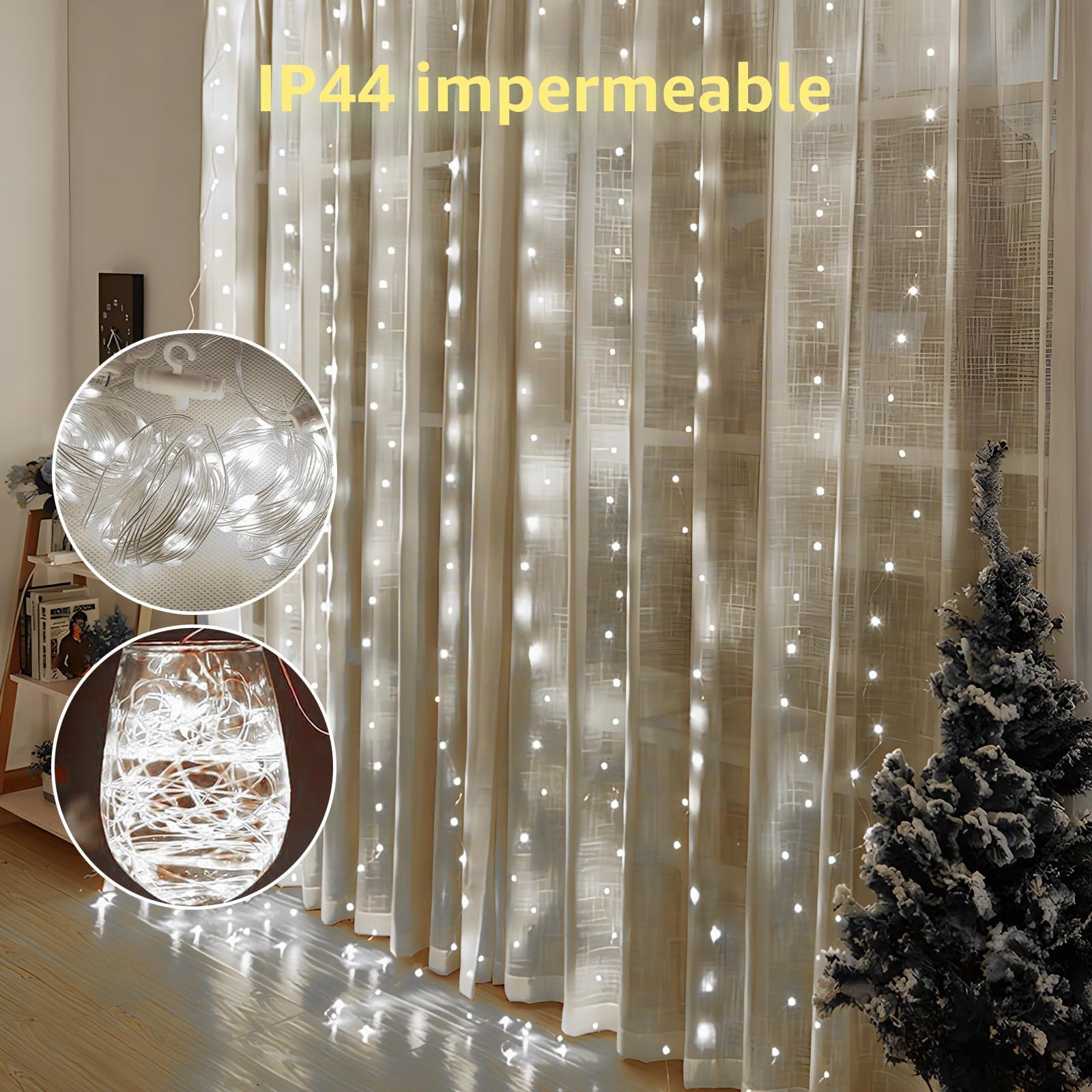 Jsdoin Cortina Luces,3.6 x 3M con Control Remoto 8 Modos de USB Cortina de Luces Navidad Exterior,360 LED Cortina LED Decoración para Navidad Jardín Habitación Cortina (Blanco frío)