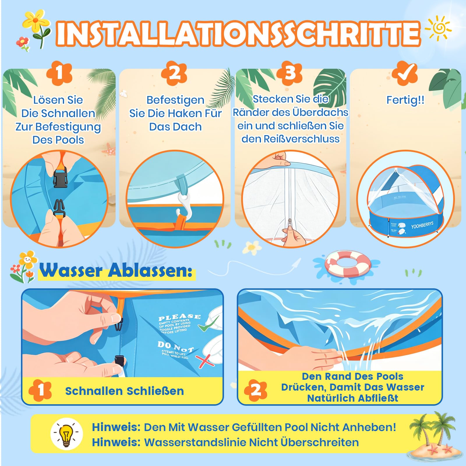 YOOHBERRYS 4-in-1 Pop Up Baby Planschbecken, Strandmuschel Baby mit UV Schutz SPF 50+, Strandzelt Babys mit Moskitonetz, Tragbare Spielzelt Bällebad für Picknick Garten Strand