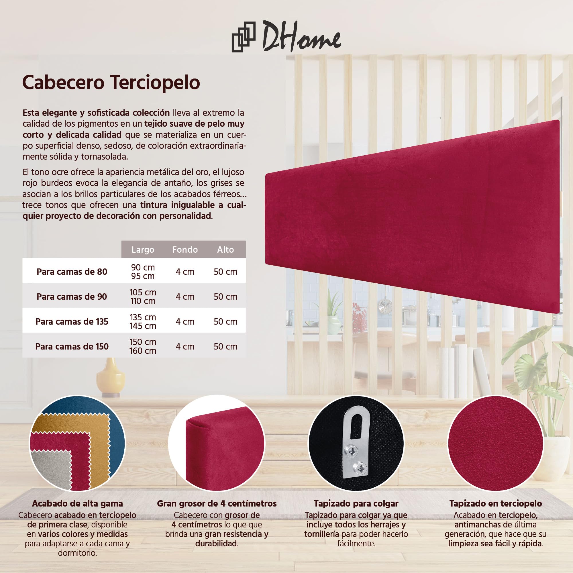 DHOME Testiera in Velluto Liscio di Alta Gamma Moderna Testiera Imbottita Letto di Lusso Camera da Letto Imbottita (Rosso, 150cm)