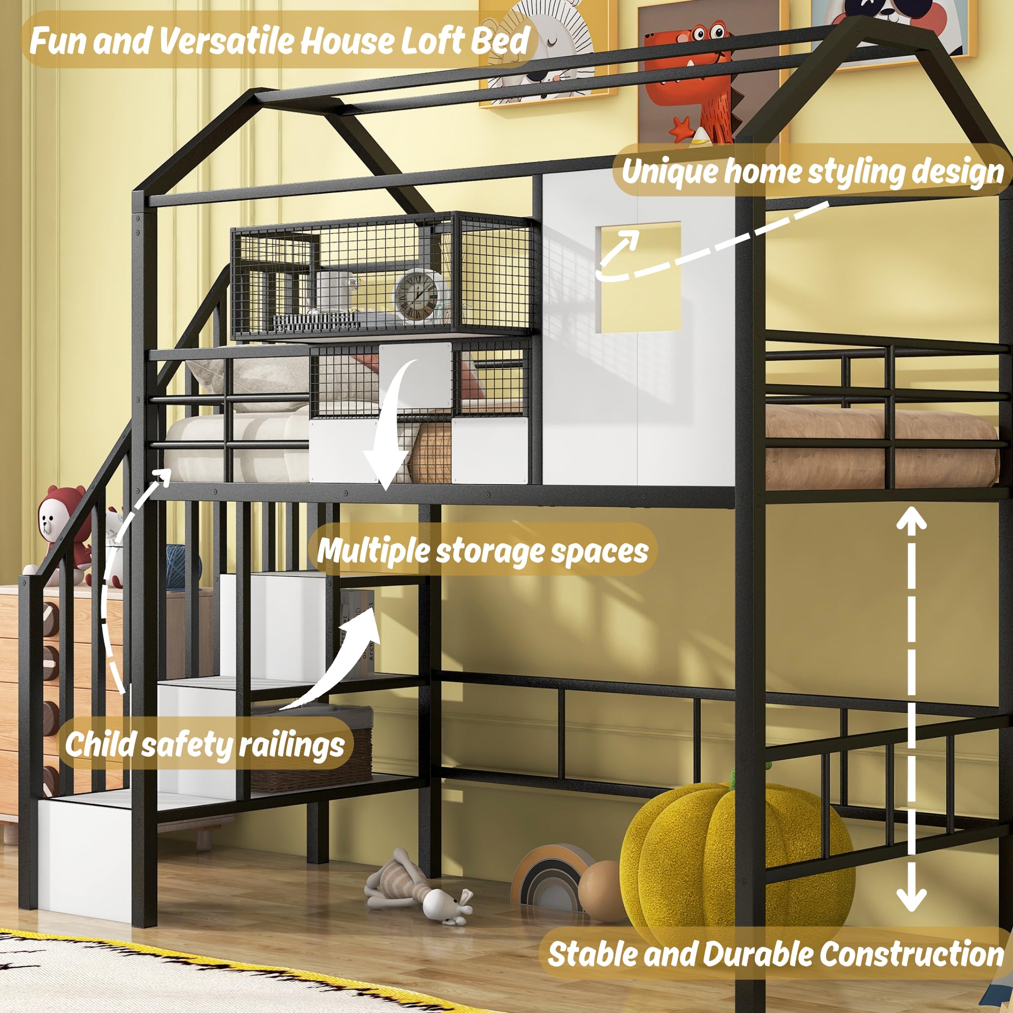 Twin Size House Loft Bed with Stairs and Storage, Heavy-Duty Metal Princess Loft Bed Frame with Storage Box and Safety Rail for Girls Kids Teens, Black