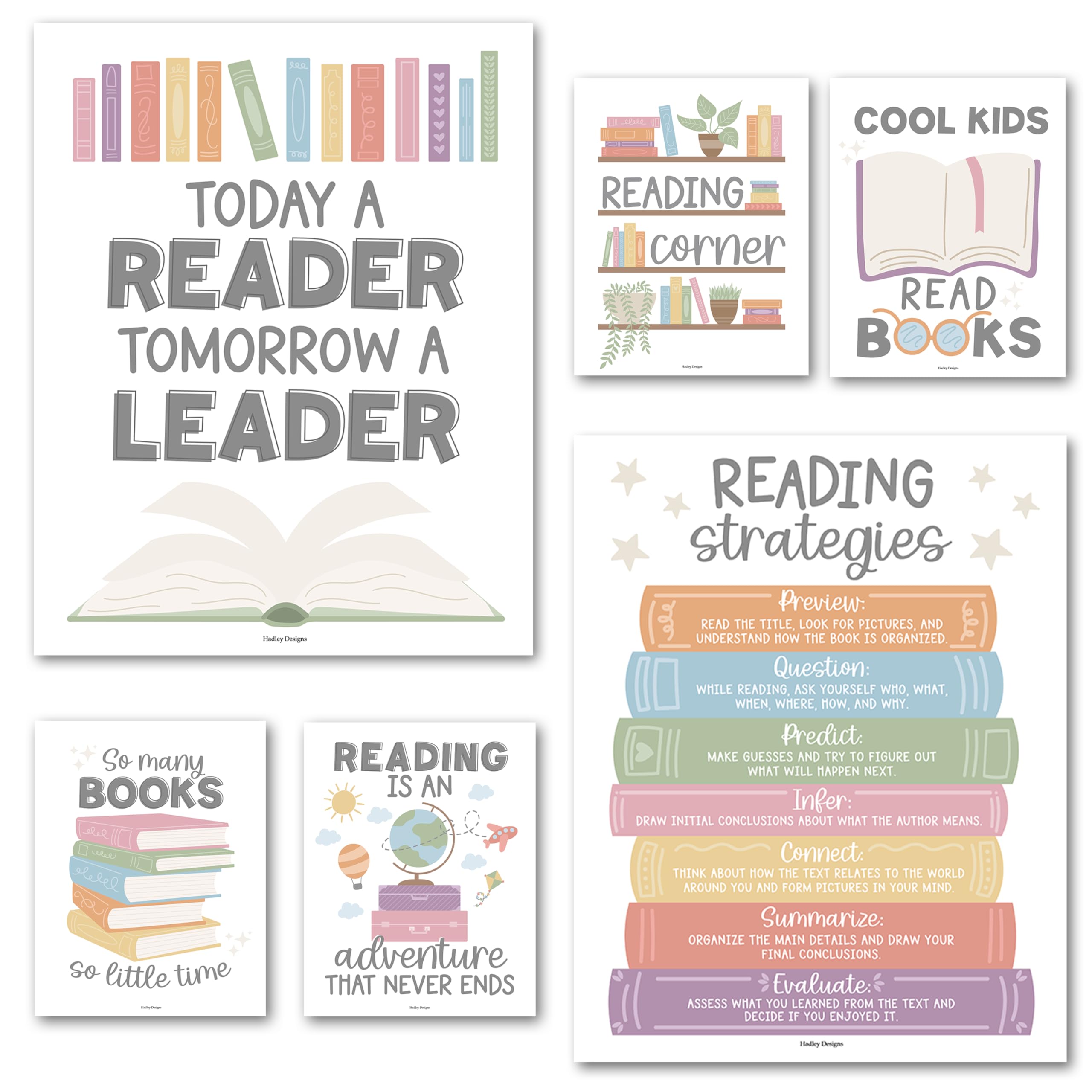 Hadley Designs Reading Posters for Classroom Elementary and Library Decor - 6 Reading Corner Decor for Classroom Decorations, Reading Strategies