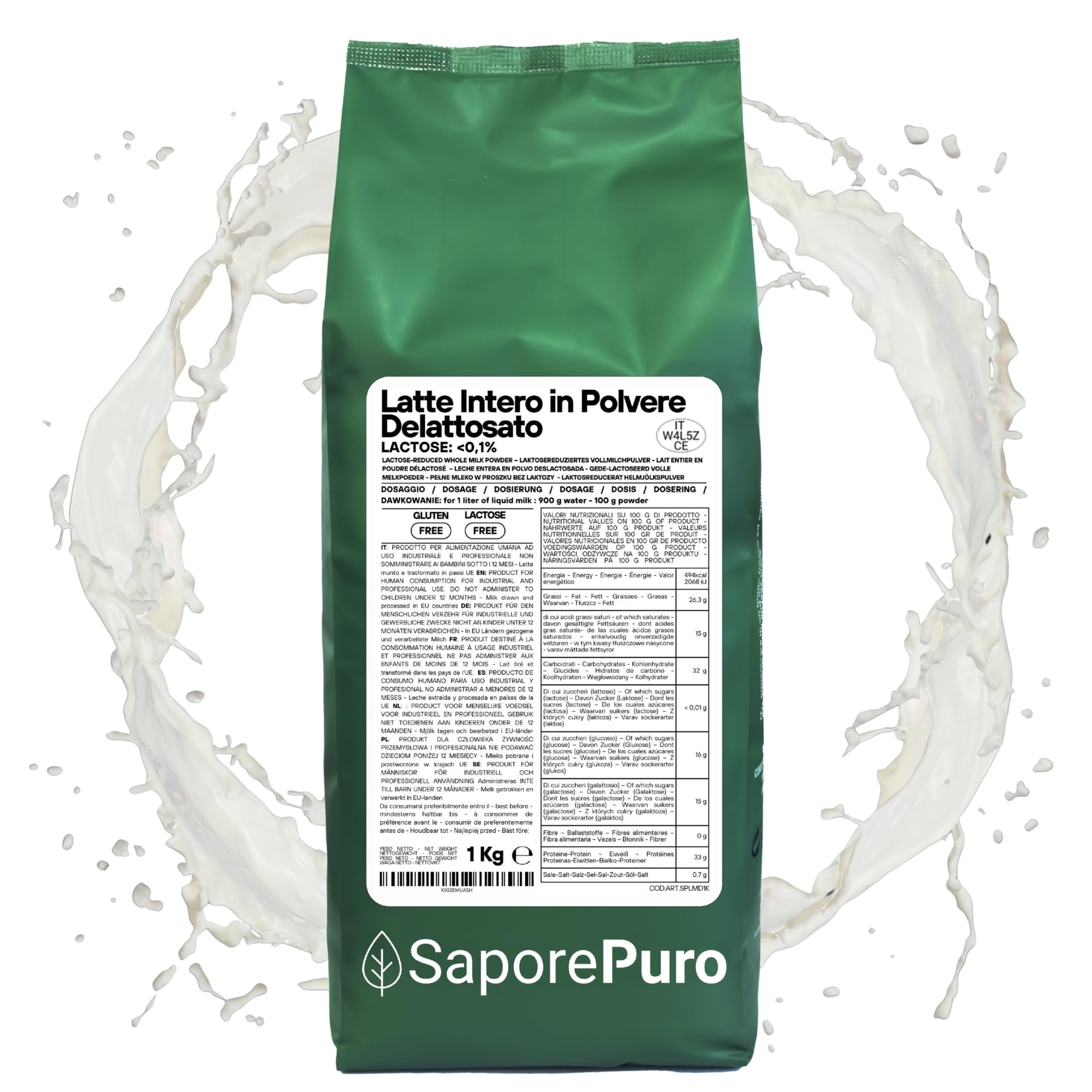 SaporePuro Latte Intero Delattosato in Polvere 1 kg – Latte per Alimentazione Umana | Ideale per Dolci, Pane e Gelato Artigianale | Uso Professionale e Industriale | Senza Lattosio | Senza Glutine