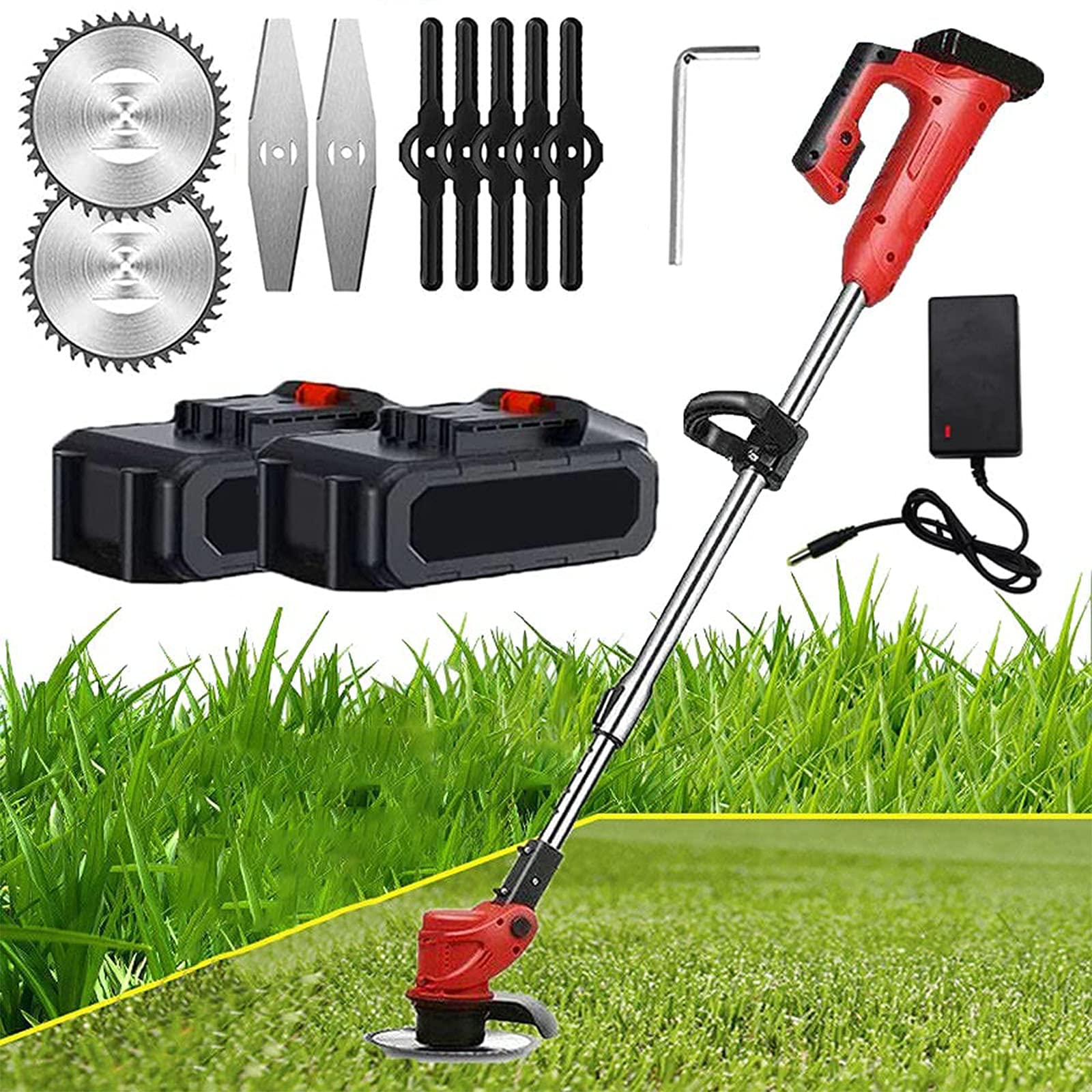 HLCUI Cordless Electric String Trimmer Edger Lawn Mower Weed Brush Cutter Kit Pruning Cutter Garden Tools with Replace Blade & Battery for Garden Clearing Weeds Flower Trees,B,2 Batteries