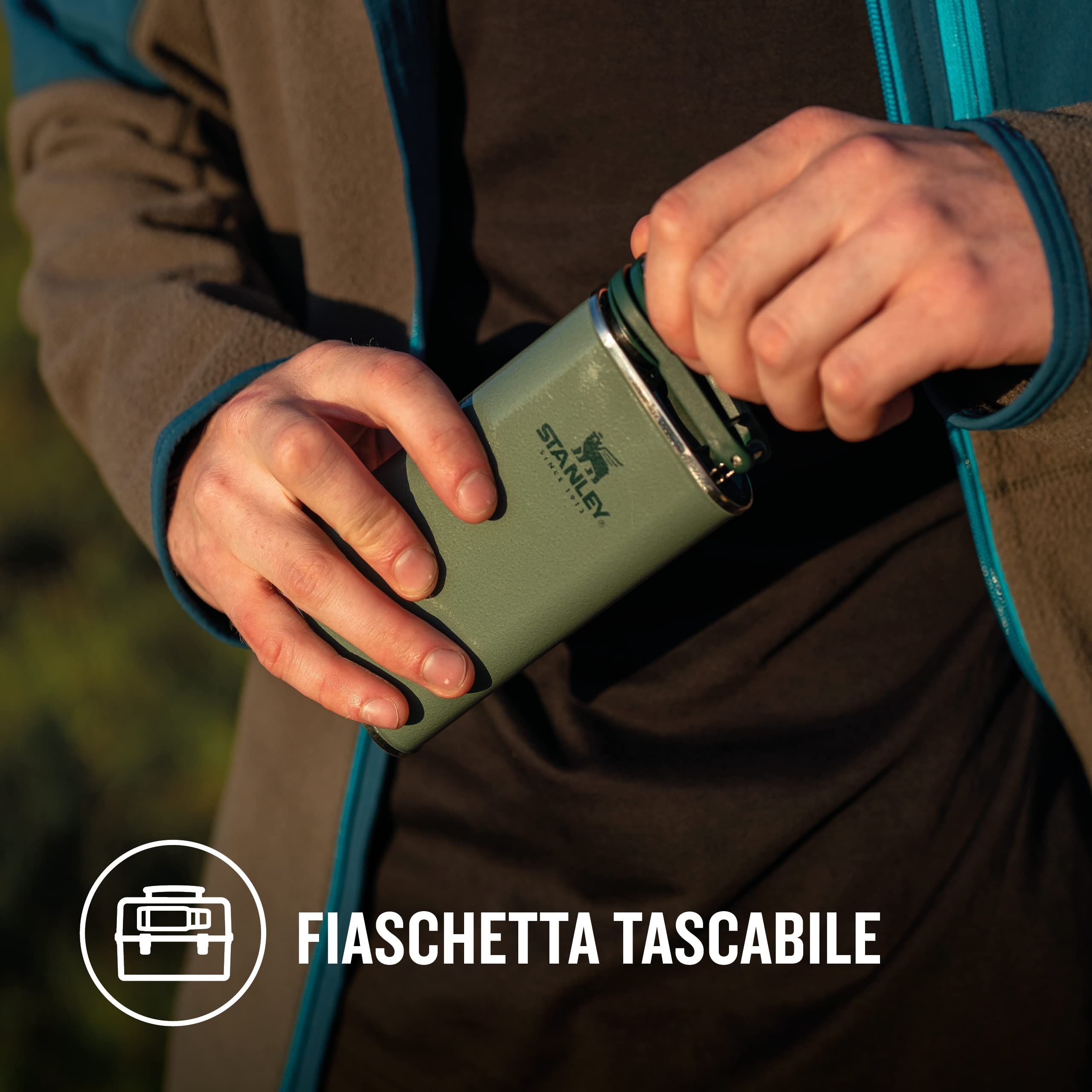 Stanley Classic Legendary Thermos 1L - Mantiene la Temperatura 24 Ore (Caldo/Freddo) & Classic Wide Mouth Flask 0,23L Hammertone Green with Never- Lose Cap