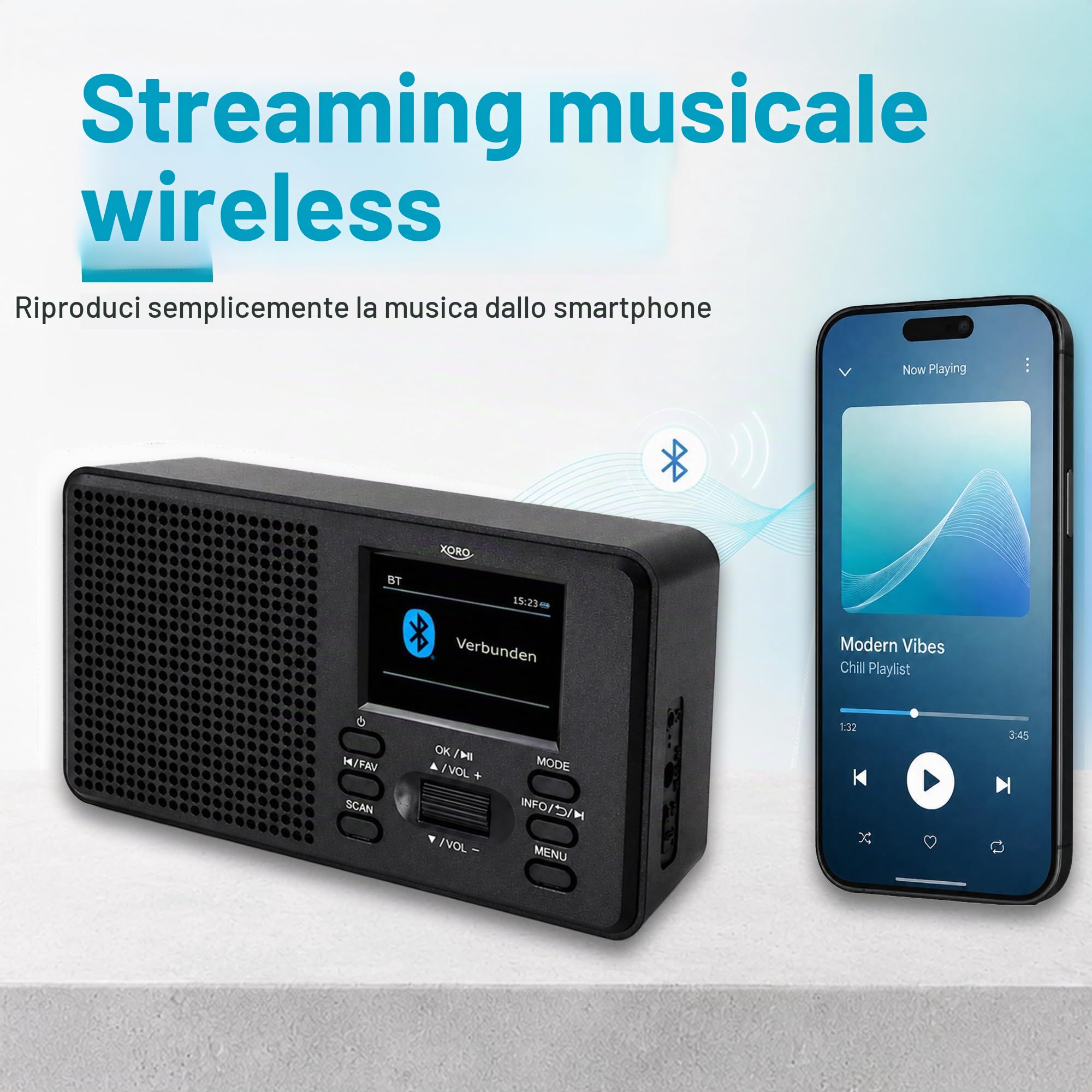 Xoro DAB 700 IR Radio Internet WLAN (DAB+, Spotify Connect, BT 4.0, display a colori, 2 vie da 10 Watt, funzione sveglia, 12 V, colore: nero Xoro DAB 700 IR Radio Internet WLAN (DAB+, Spotify Connect, BT 4.0, display a colori, 2 vie da 10 Watt, funzione sveglia, 12 V, colore: nero