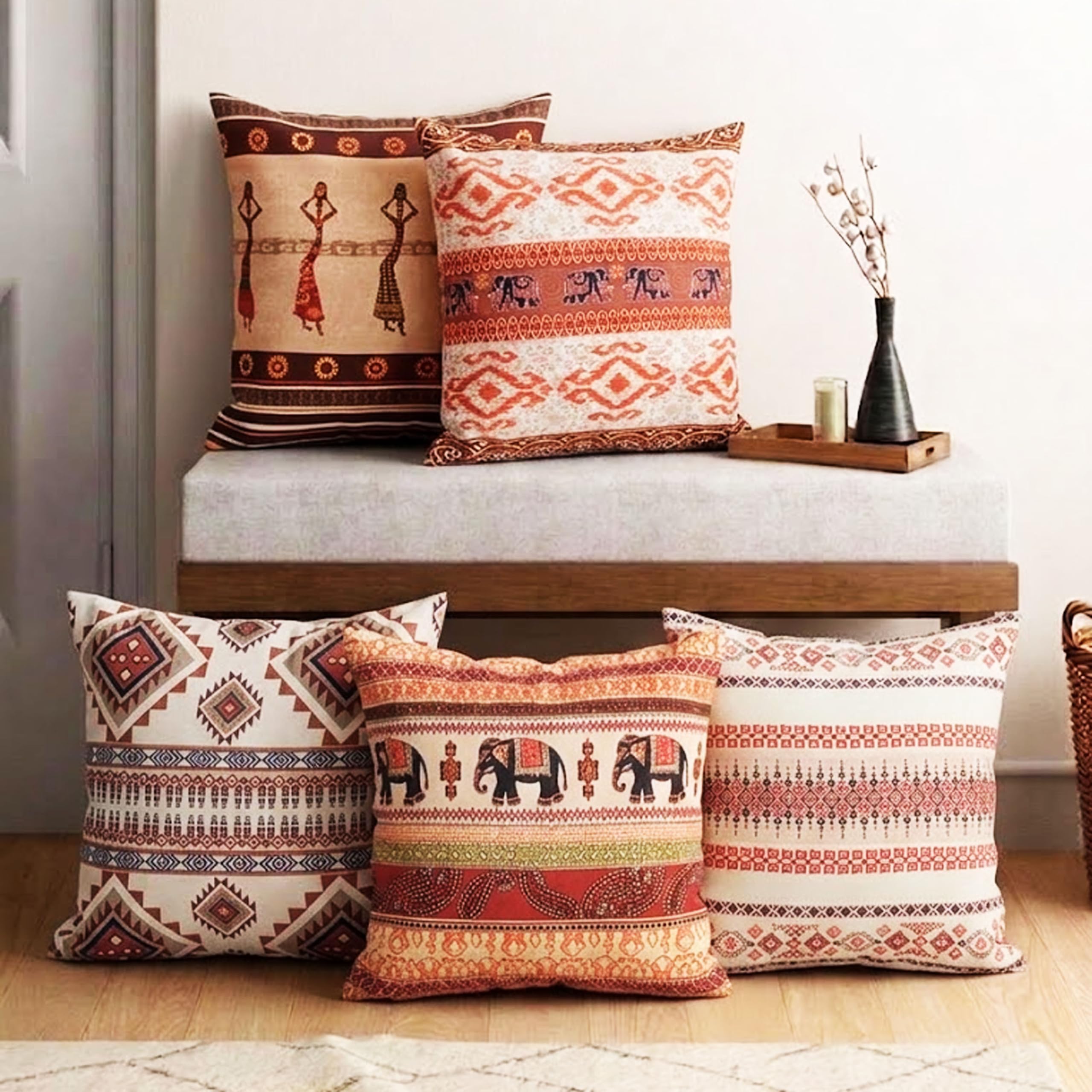 Traditional Print Cushion Cover 20 inch x 20 inch with Invisible Zipper - Premium Stitched Textured Fabric Sofa Pillow Set of 5-image-26