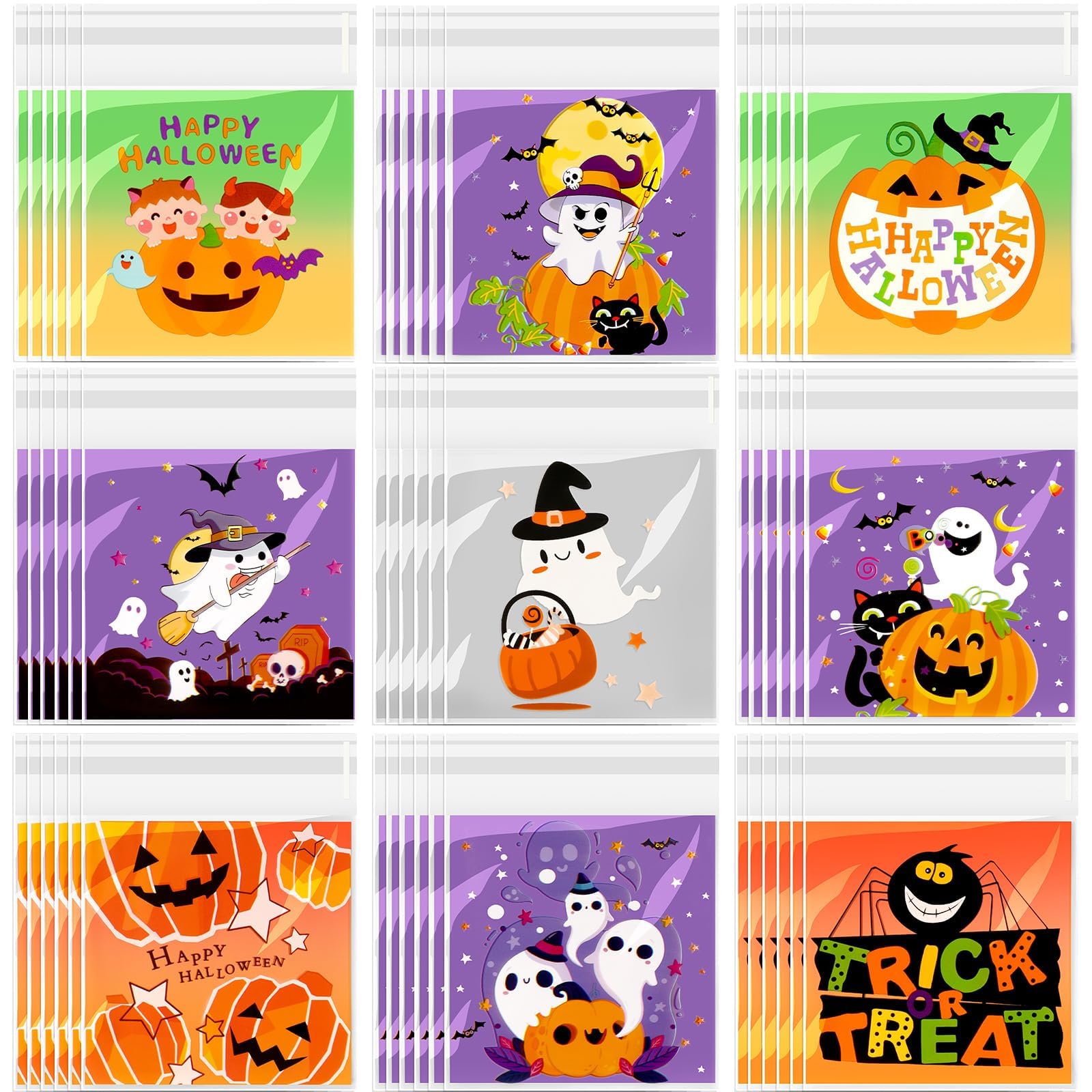 JULBEAR 450pcs Halloween Cellophane Treat Bags, Self-adhesive Candy Cellophane Cookie Bags for Halloween Goodie Ziplock Bags Party Favor Home Party Supplies