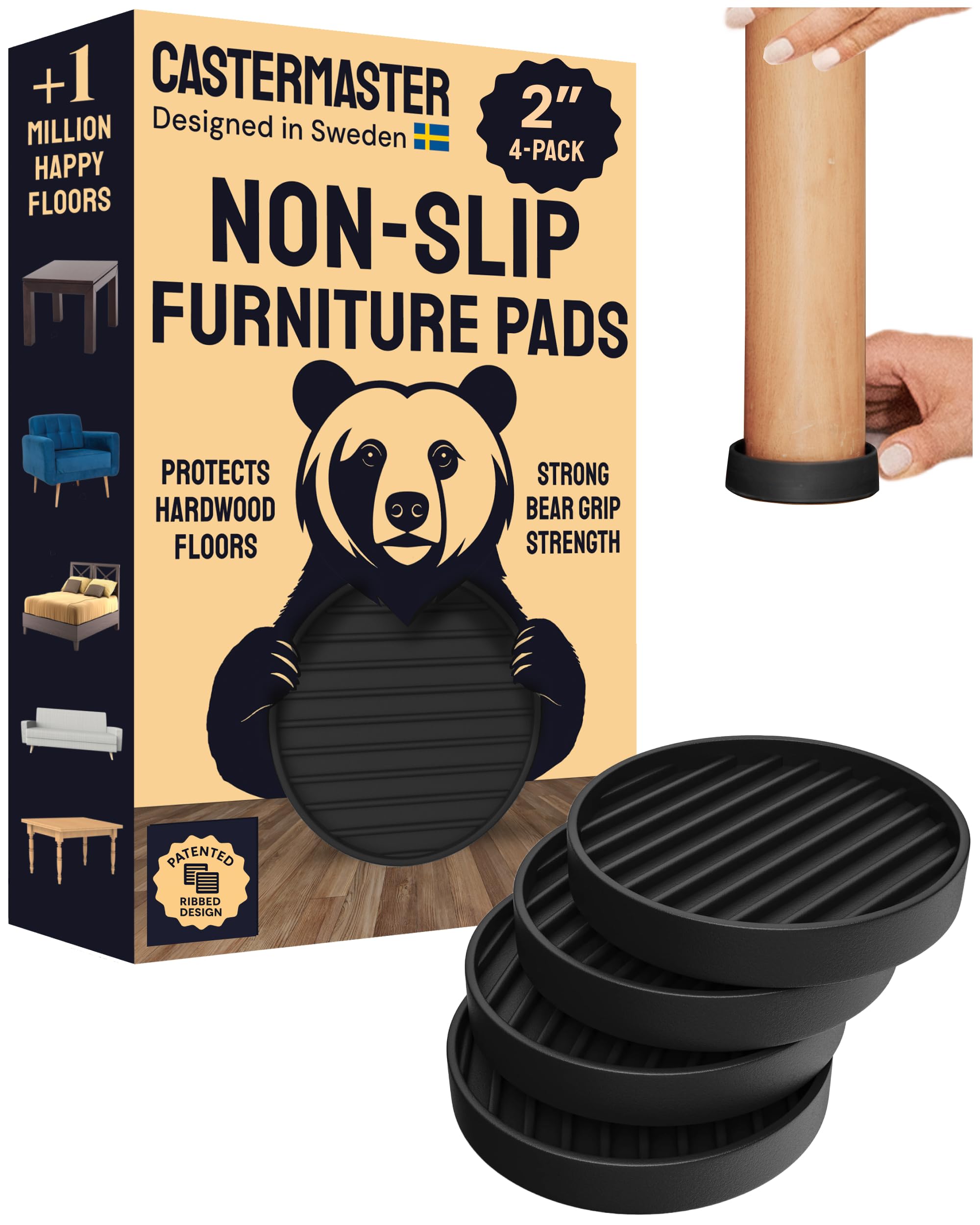 CasterMaster Rubber Furniture Pads - Non Slip Caster Cups & Couch Stoppers for Hardwood Floors - 2 Inch Round Furniture Grippers, Leg Floor Protectors to Stop Sliding - Black, 4 Pack