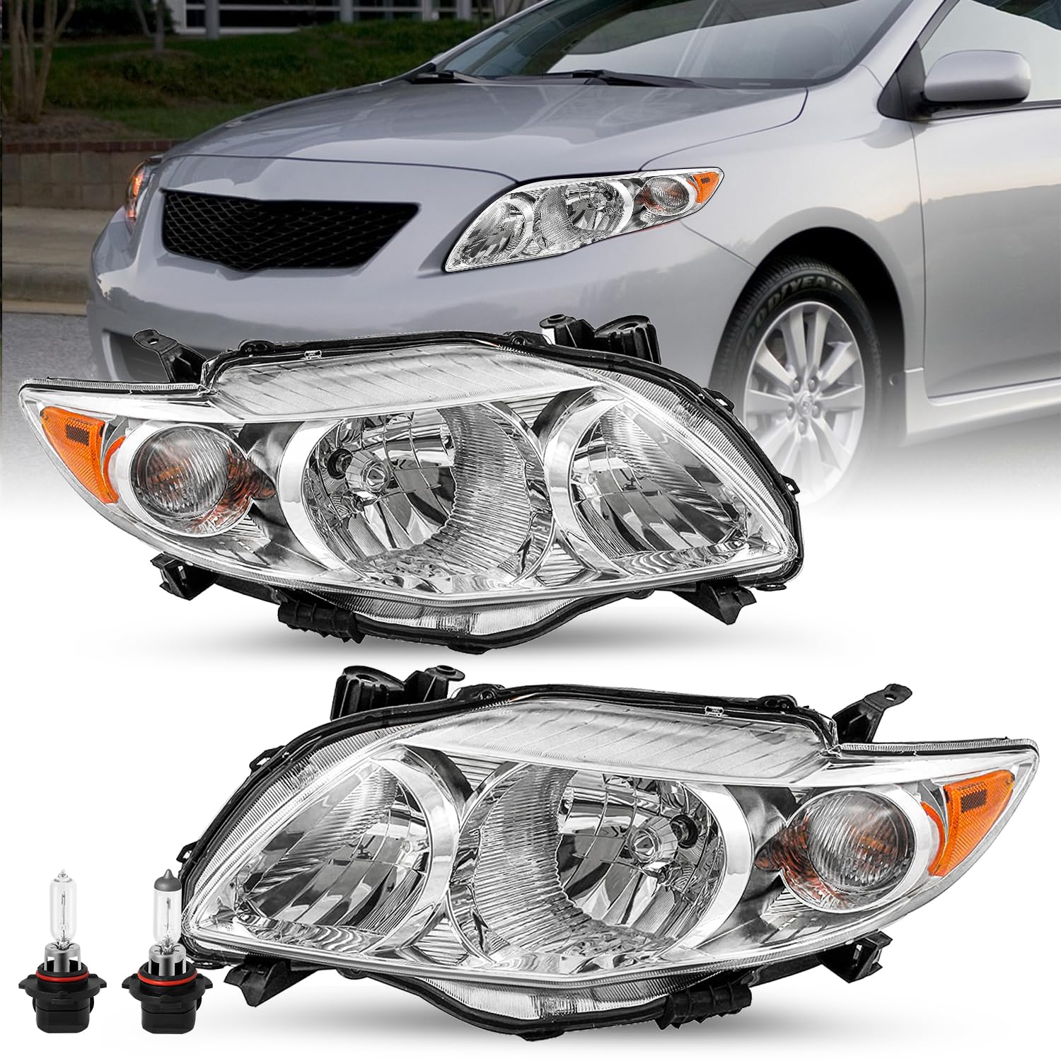 Headlight Assembly Set, Car Spare Parts for 2009 2010 Toyota Corolla Base/CE/LE/XLE Driver and Passenger side with Blubs (Chrome), Not compatible with XRS/S Models