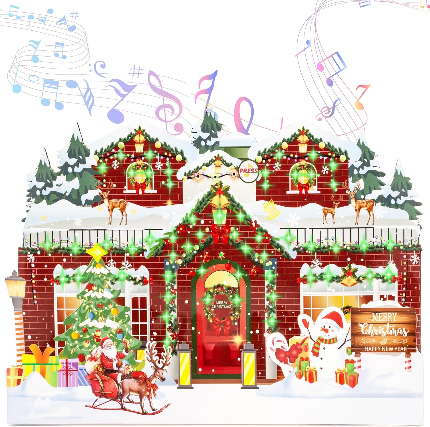 VZONE Christmas Greeting Cards with Lights and Music,3D Pop Up Musical Christmas Card Gift, Plays 3 Melody with Matching Flashing Animated Lights