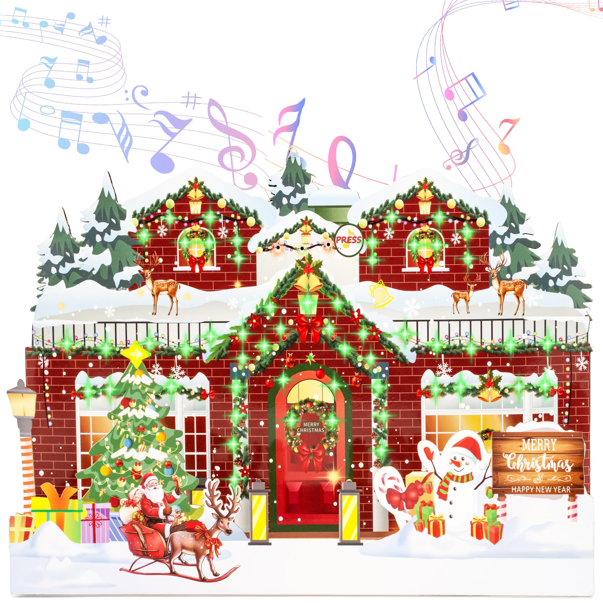 Christmas Card with Lights and Music,3D Pop Up Christmas Greeting Card with Envelopes,Plays 3 Melody with Matching Flashing Lights