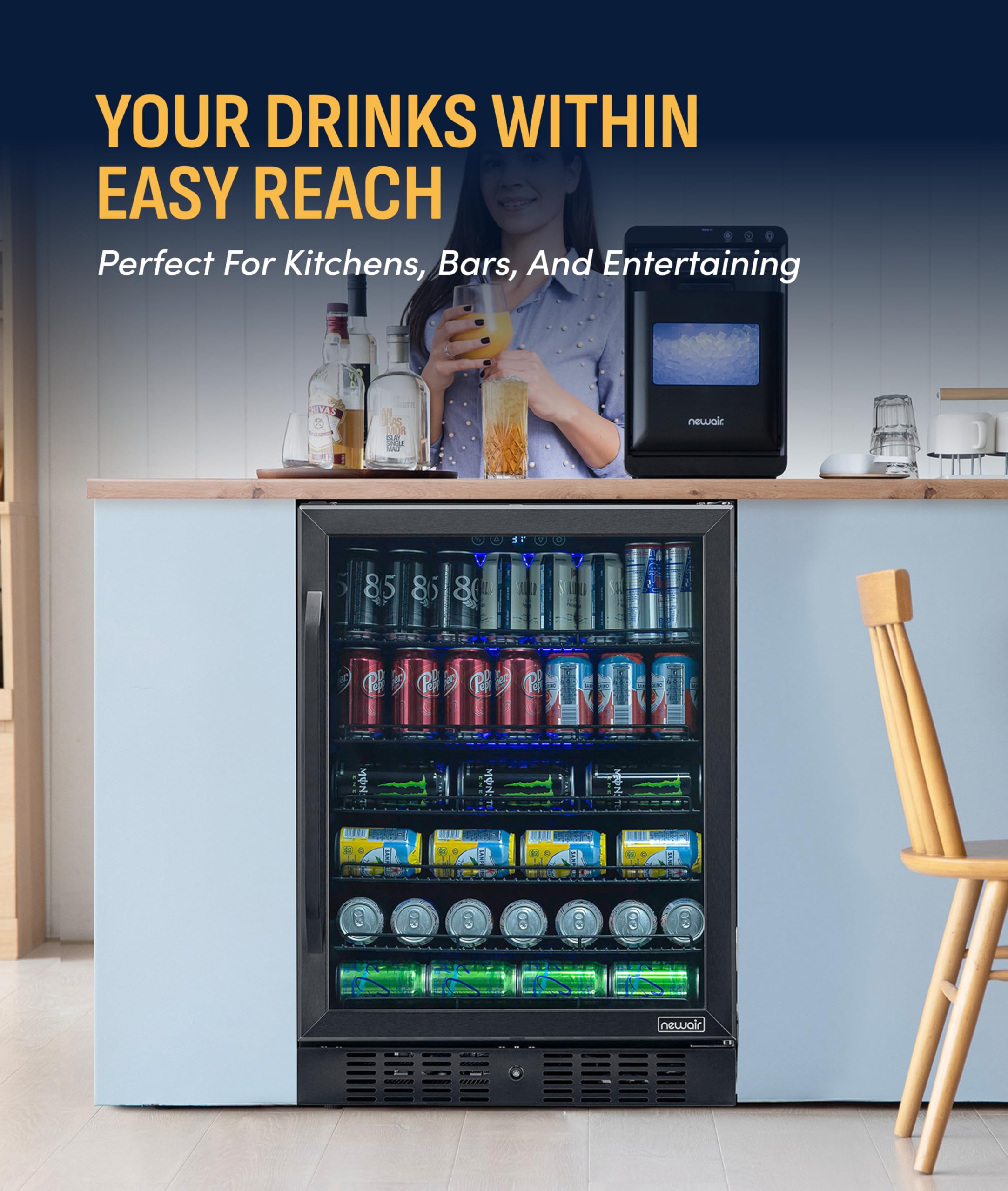 NewAir Beverage Refrigerator With Glass Door | 177 Can Mini Fridge For Bedroom, Dorm, Office, Or Gaming Setup | Soda, Beer, And Wine Cooler | Black Stainless Steel on Fridge.com - View 3