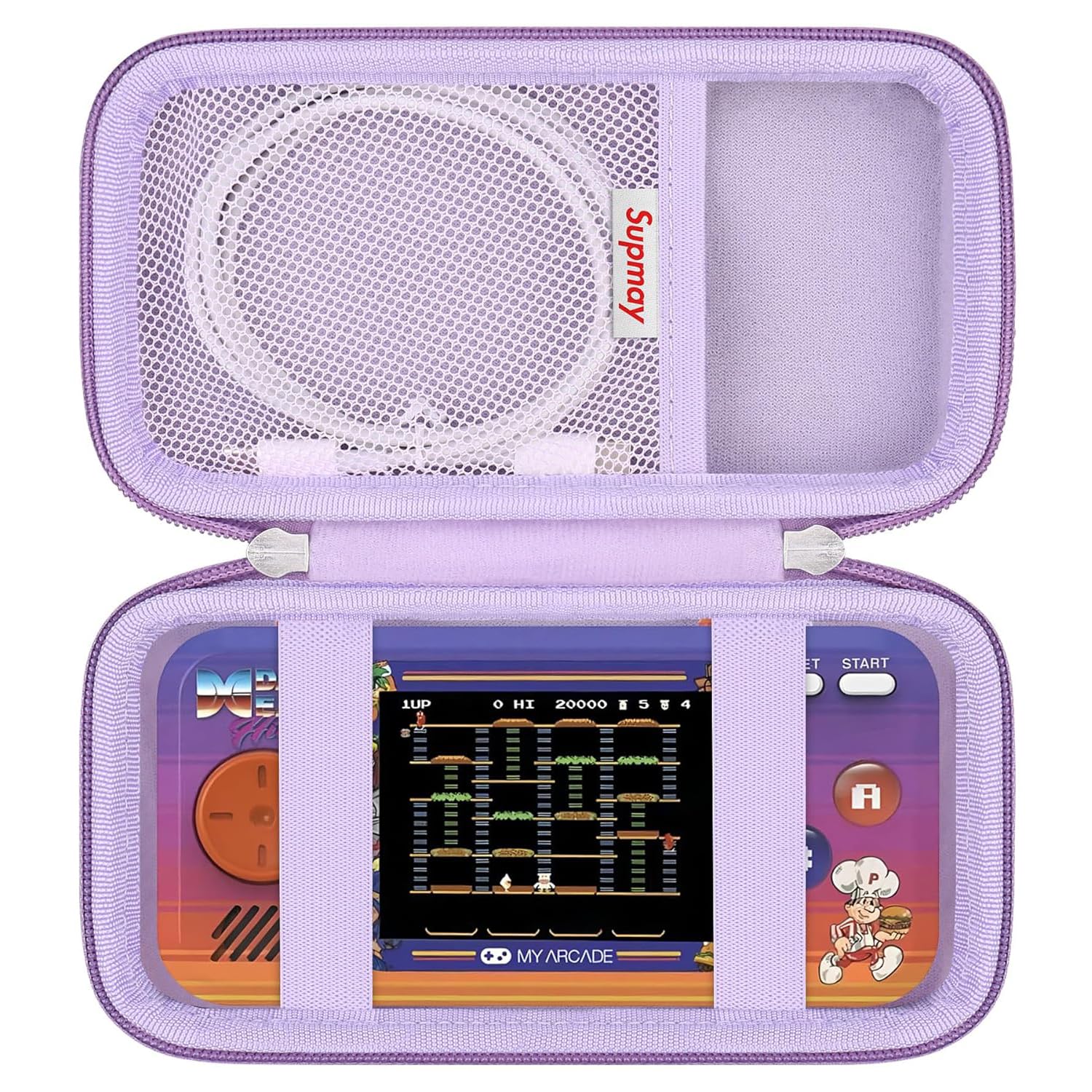 Supmay Hard Travel Case for My Arcade Atari Pocket Player Pro, Portable Video Game System Handheld Game Protection Case with Mesh Pocket for Batteries and USB-C Cable, Purple