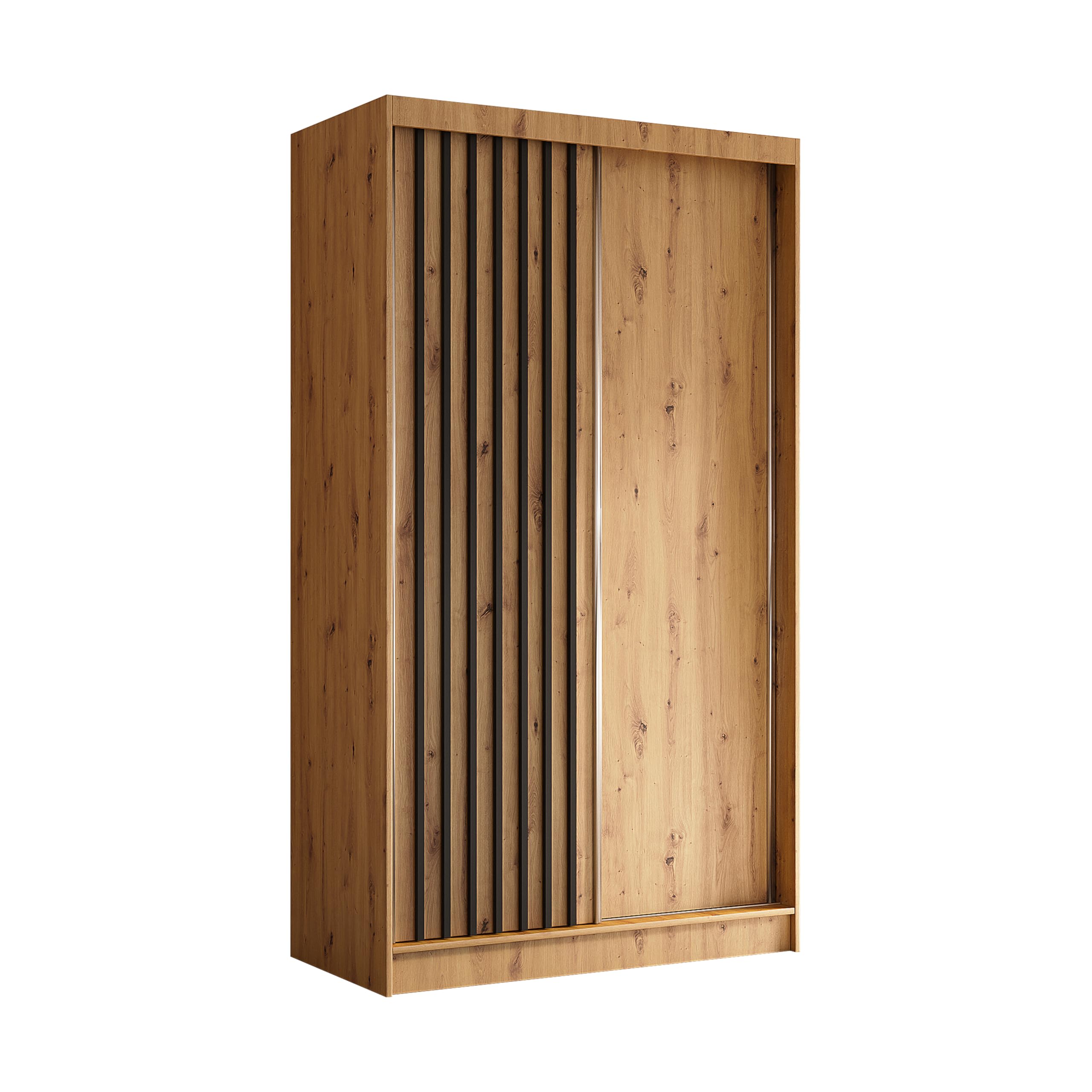 Kleiderschrank Erika mit Lamellen ohne Spiegel, Organizer, Mehrzweckschrank, Schwebetürenschrank, Garderobenschrank, Kleiderstange, Kleiderständer, Flurschrank, 120 cm, braun, schwarz