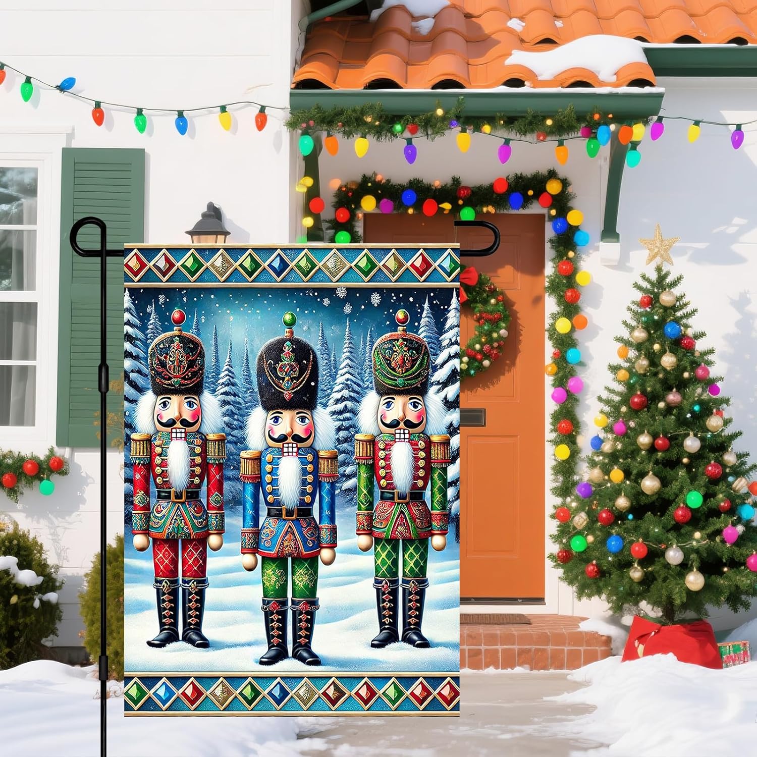 IVN Christmas Garden Flag 12x18 Inch Nutcracker Soldiers in Colorful Uniform with Snowy Pine Trees and Holiday Border Flag Double Sided Outdoor Yard Banner for Porch Lawn Patio Decor Winter - Image 6
