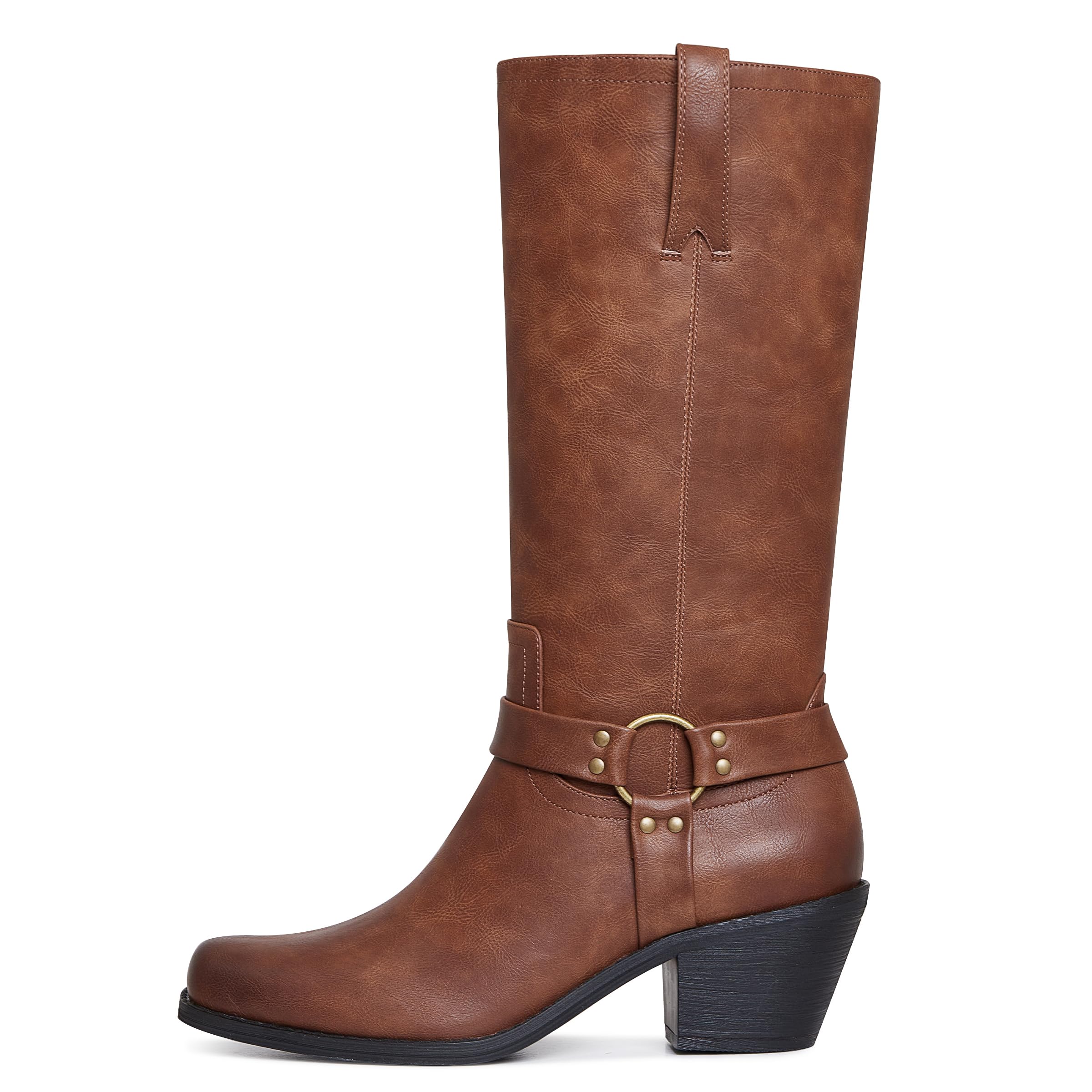 Phefarerwomens Biker Boots Horse Riding Boots Mid Calf Square Toe