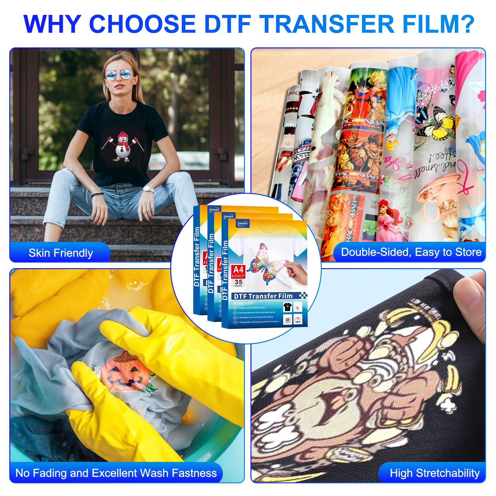 Película de transferencia DTF A4, película DTF de doble cara de 8.3 x 11.7 pulgadas, papel DTF mate para camisetas de tela blanca y oscura, papel de transferencia DTF compatible con impresoras de