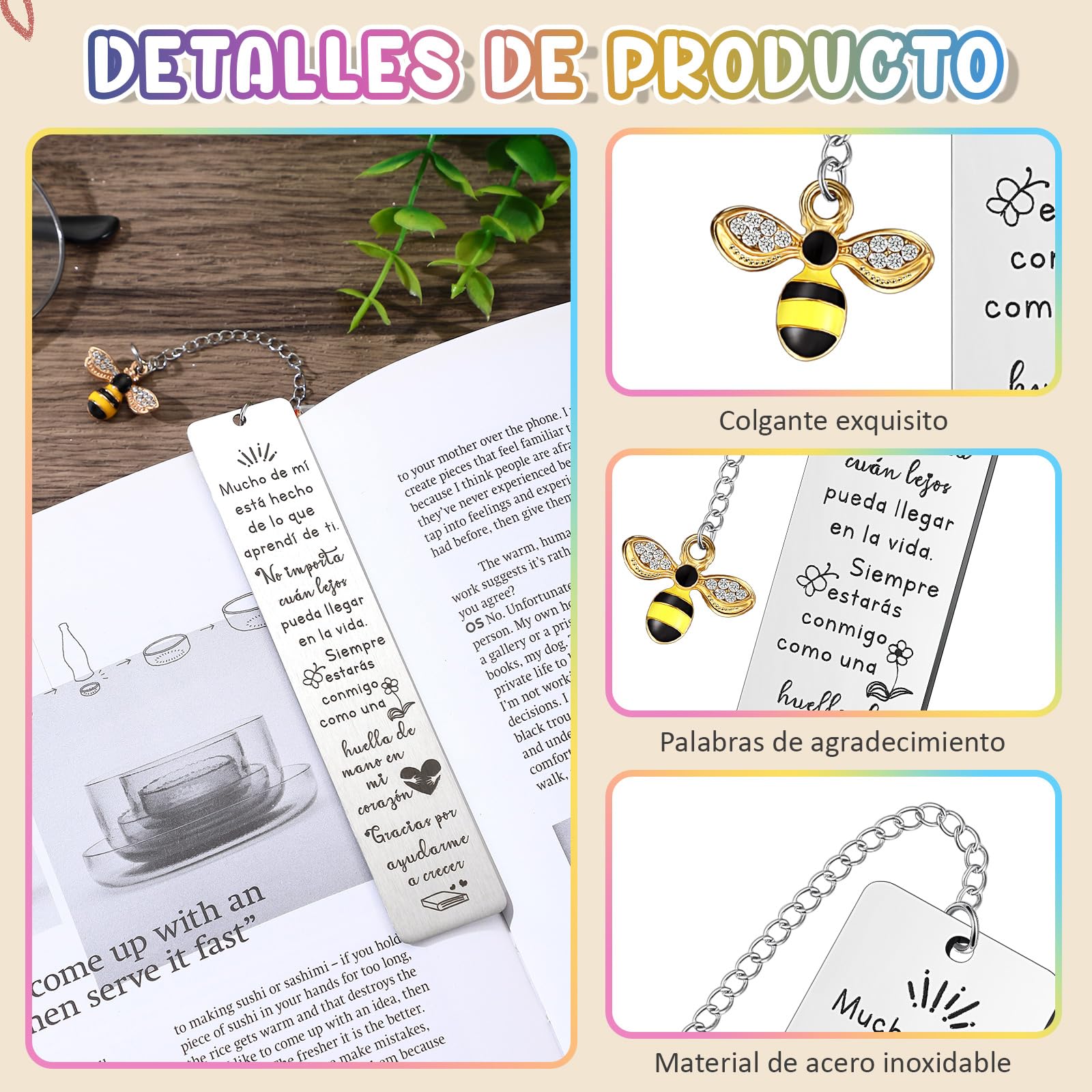 Weewooday 4 Piezas Set de Regalos de Agradecimiento para Maestro Marcapáginas Llavero de Profesor Grabado Tarjeta con Sobre Gracias por Ayudarme a Crecer para Día del Maestro Graduación(Abeja)