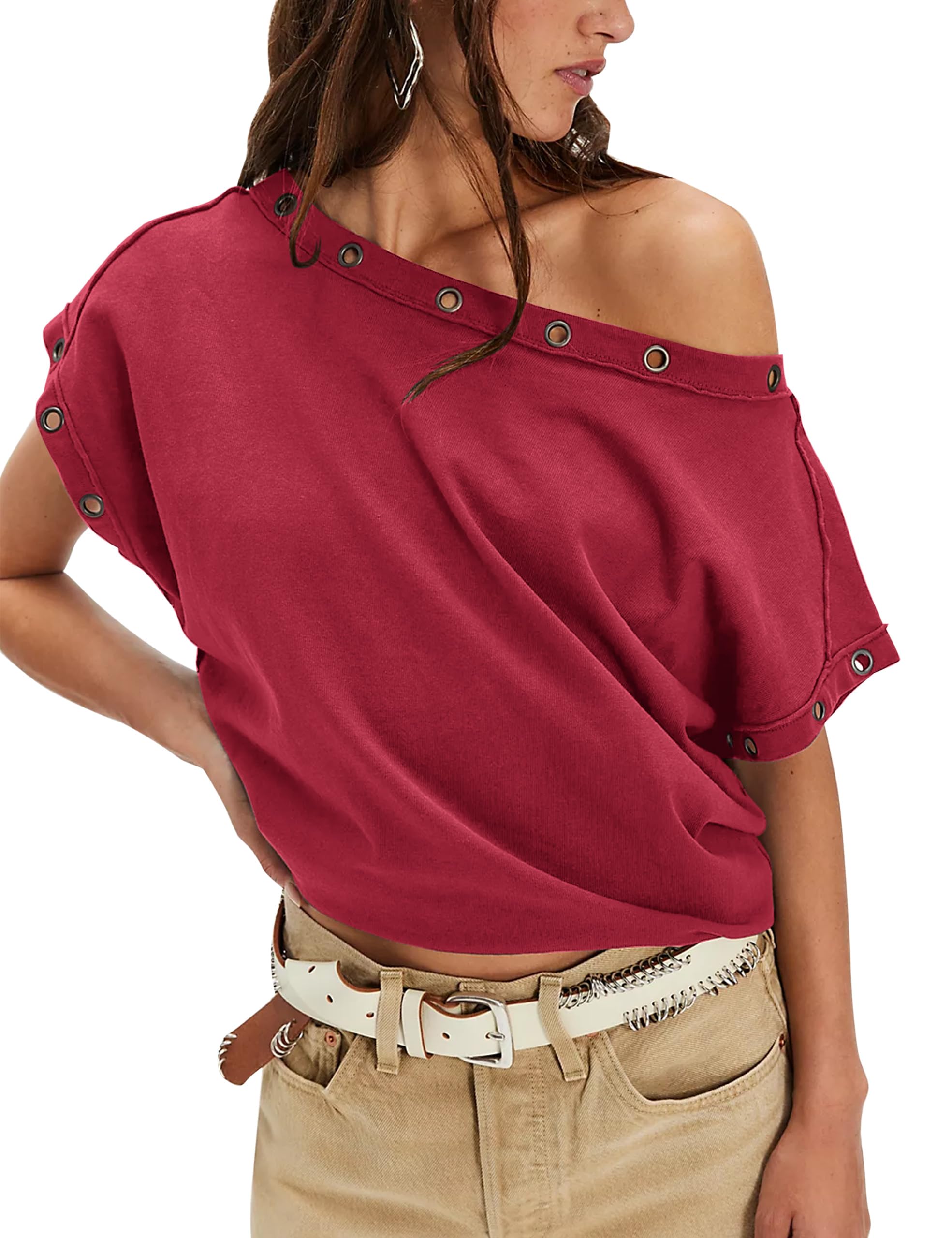 Off The Shoulder Tops for Women Trendy Y2k Batwing Short Sleeve T Shirts 2026 Summer Grommet Loose Going Out Tees Red