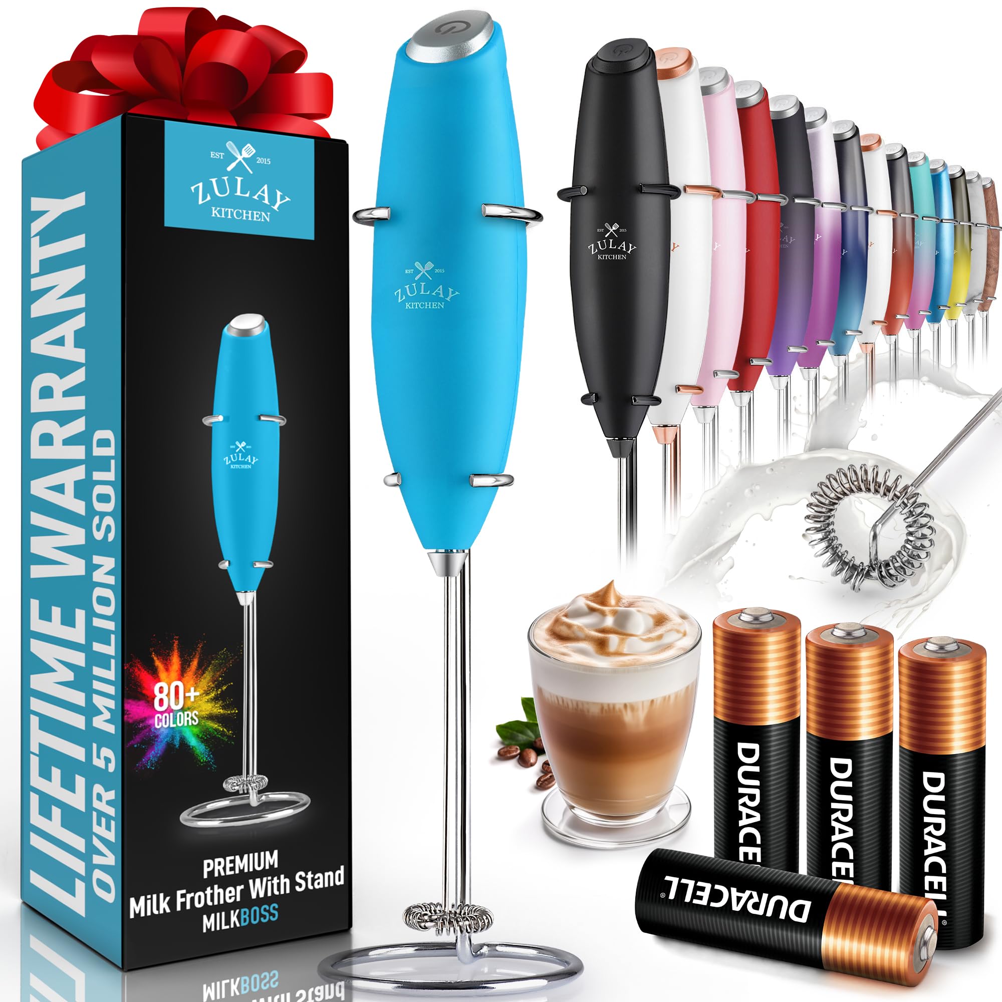 Zulay Powerful Milk Frother Handheld Foam Maker for Lattes - Whisk Drink Mixer for Coffee, Mini Foamer for Cappuccino, Frappe, Matcha, Hot Chocolate by Milk Boss (Teal)