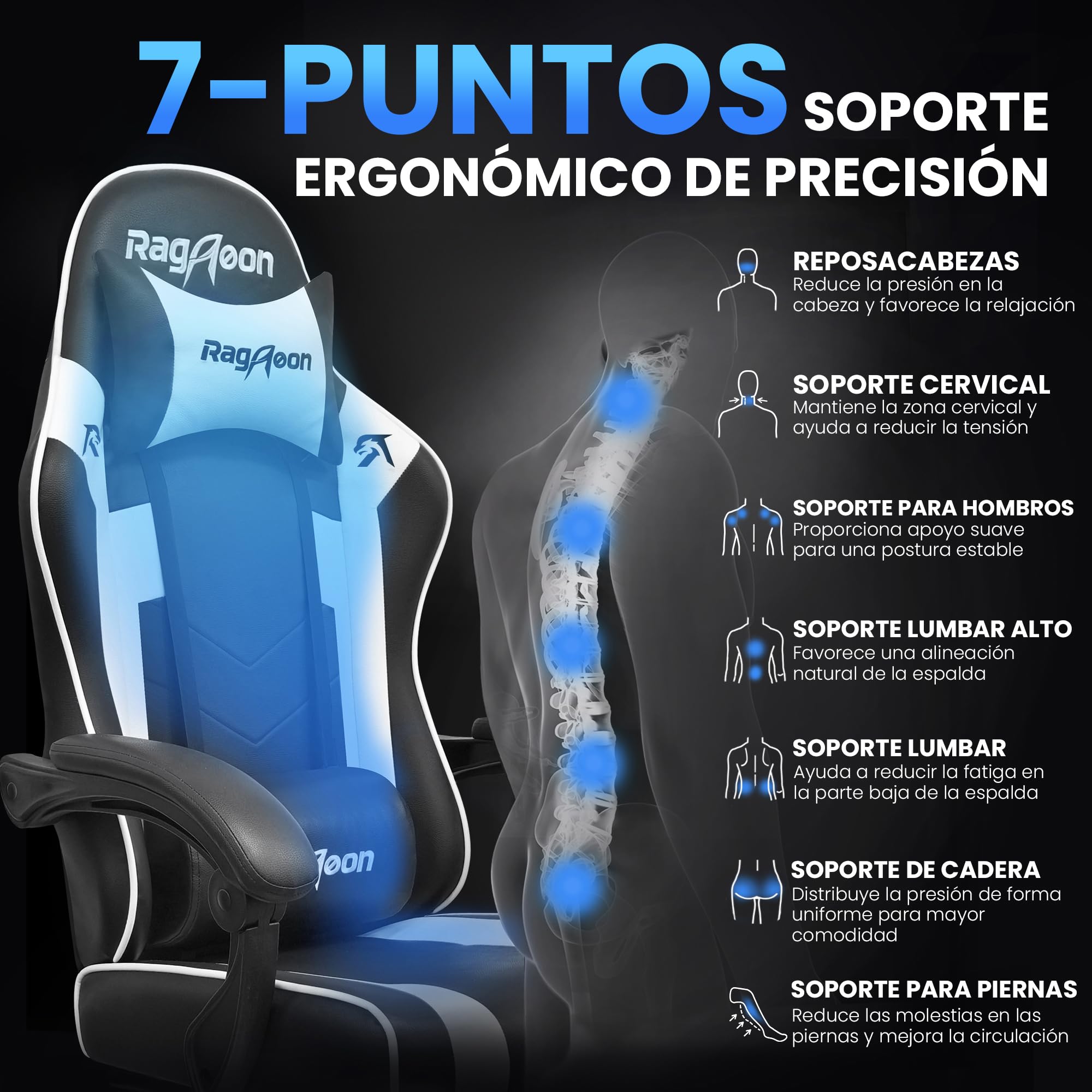 Silla de Gaming – Silla ergonómica para Gamer con reposapiés, reposacabezas y Soporte Lumbar, Altura Regulable, Acolchada, 150 kg, soporta hasta 150 kg, Color Negro