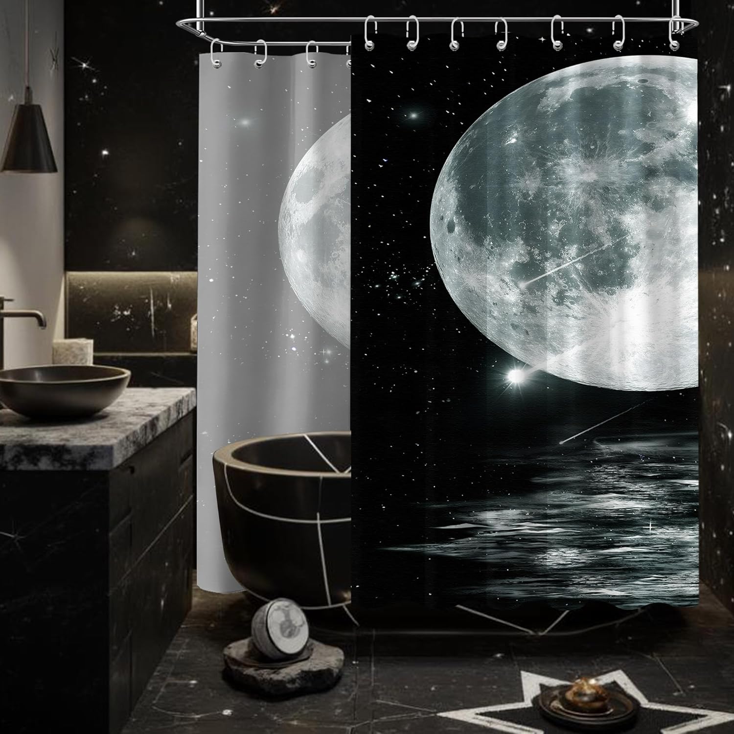Moon Shower Curtain Starry Night Moon and Stars Galaxy Scenic Shower Curtain for Black and White Bathroom Decor Sets, Waterproof Cloth Fabric with Hooks, 108x72 Inch