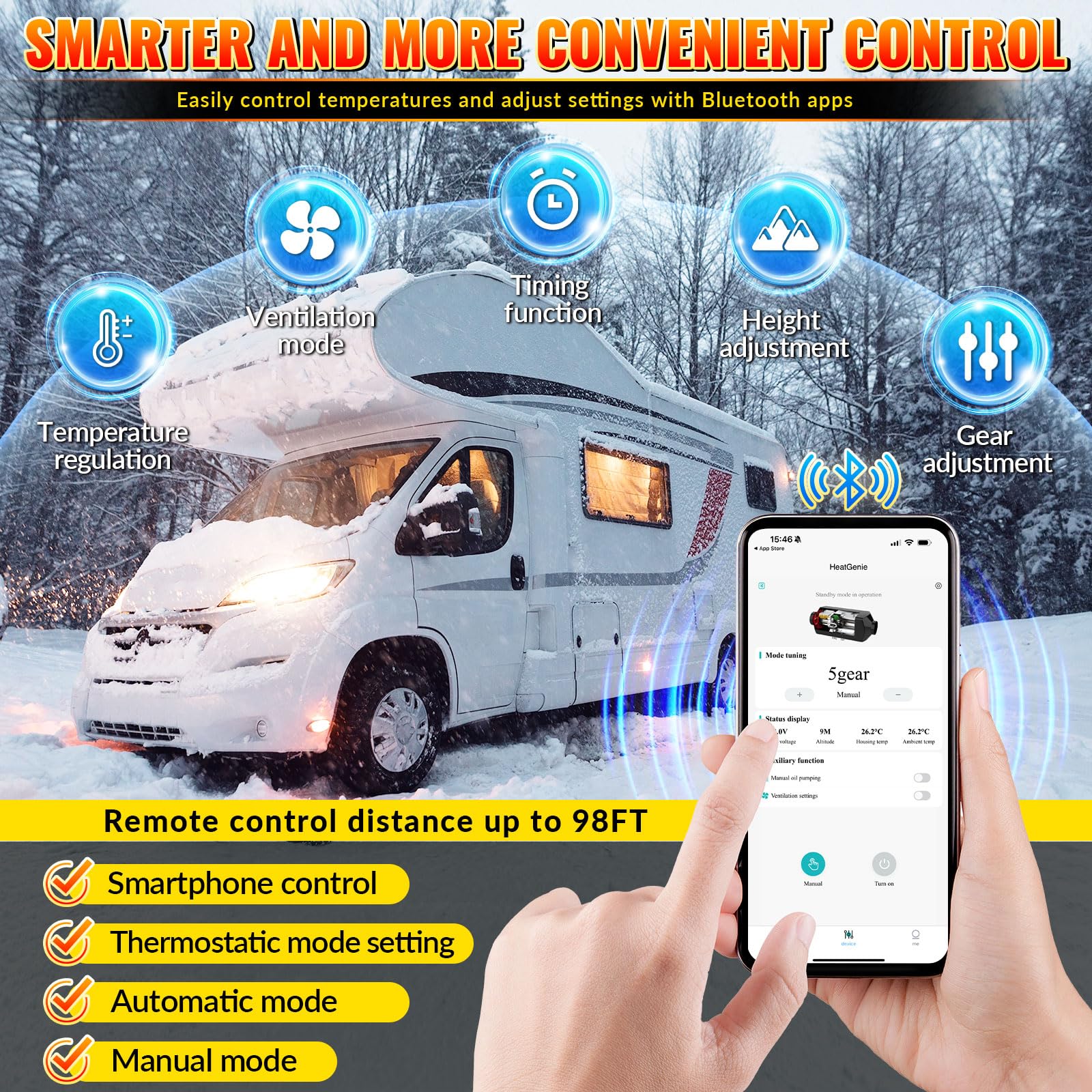 VELPAX Calentador Diésel Portátil Todo en Uno 12 V 24V 220V 8KW,Bluetooth App Calentador de Aire Diesel 0,16-0,52 L/h LCD de Control Remoto,Adecuado para Autocaravanas,Coches,Camiones,Autobuses