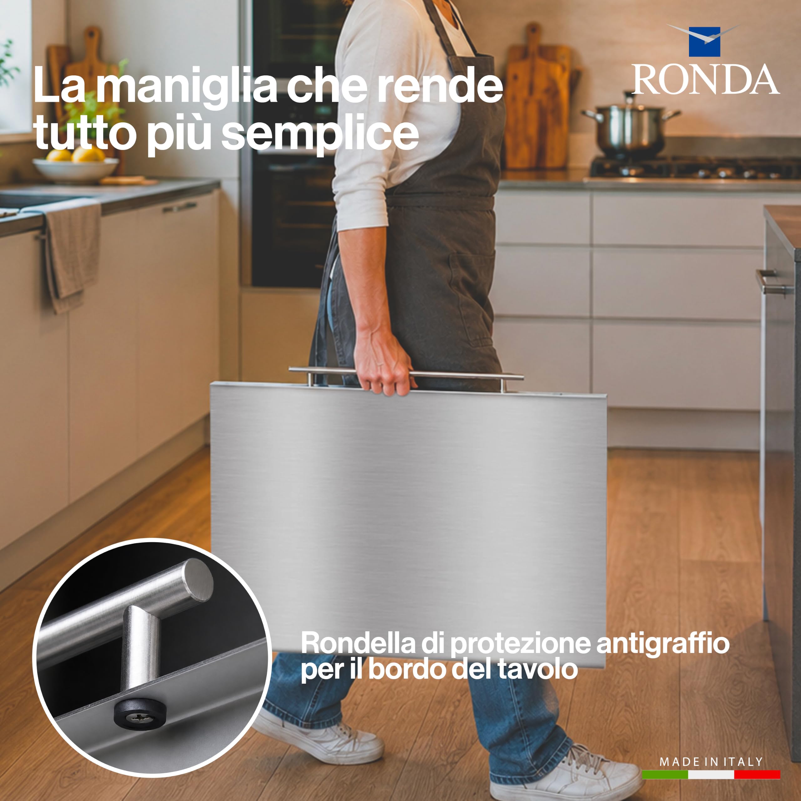 RONDA Tagliere Spianatoia Acciaio Inox 60x50 cm con Maniglia | Piano da Lavoro Alimentare Professionale, Antibatterico e Antiscivolo con Piega 2 cm per Impastare Pizza, Pane e Pasta
