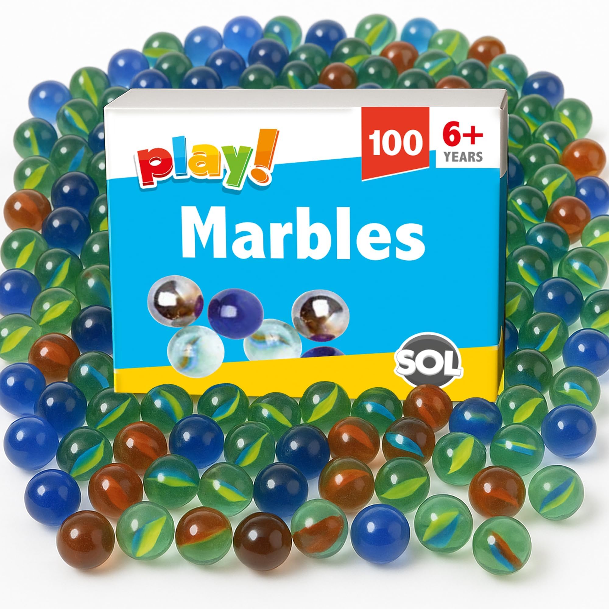 SOL 100pk Glass Marbles for Kids, Traditional Cat’s Eye Marble in Assorted Colours, Durable Classic Toys for Indoor and Outdoor Games, Party Bag Fillers, Arts, Crafts and Creative Play Age 6+