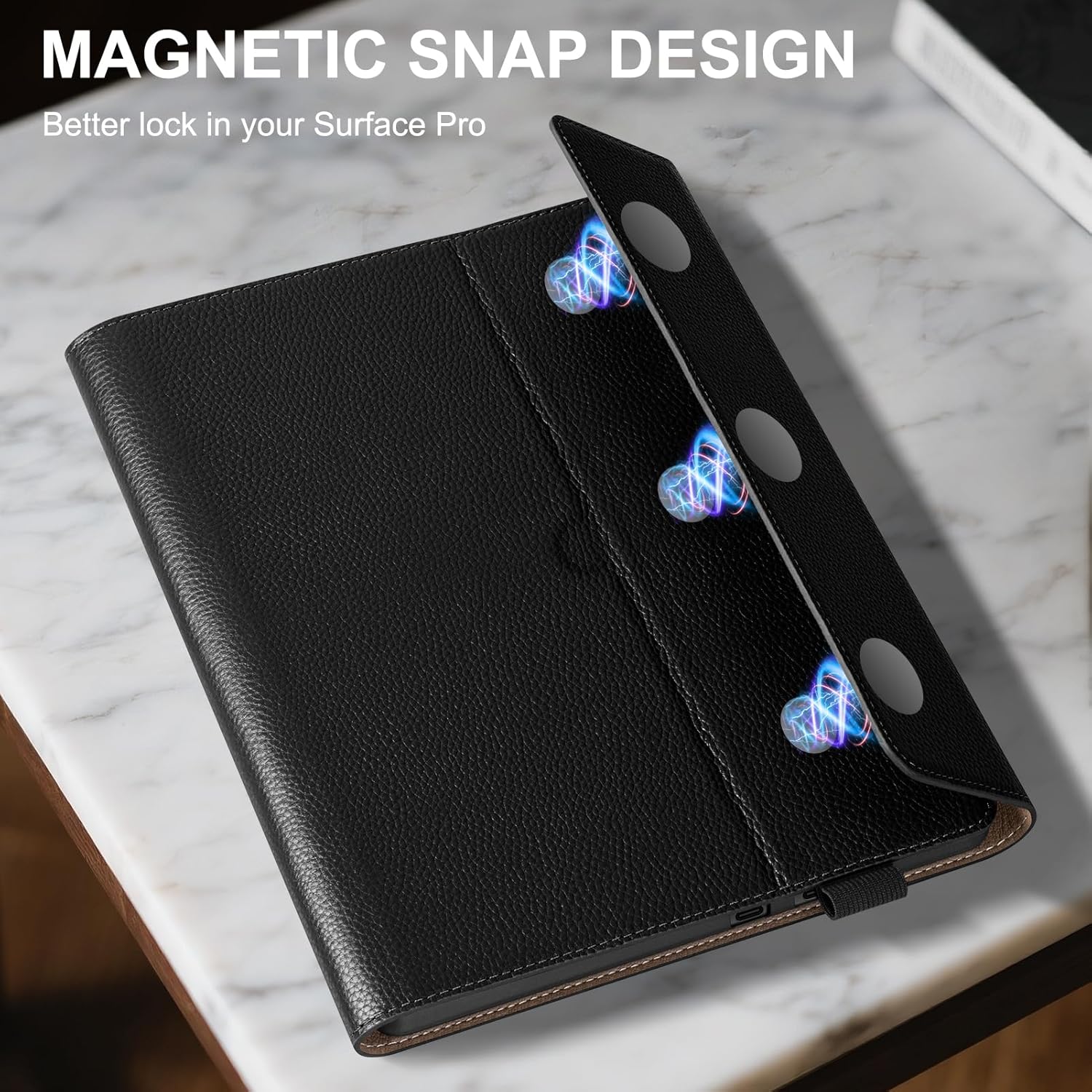 Genuine Leather Case for Microsoft Surface Pro 9/10/11 (13 Inch) with Multi-Angle Stand, Magnetic Closure, Pencil Holder & Type Cover Compatible, Black