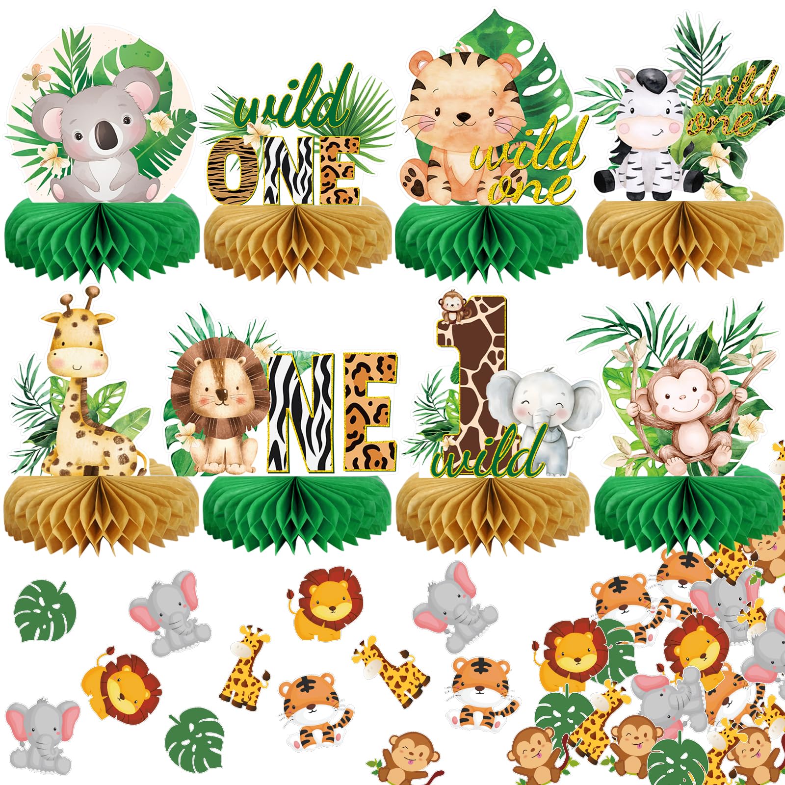 Wild One Birthday Decorations Jungle Baby Shower Honeycomb Centerpieces for Boys and Girls,8 Pcs Safari Centerpieces and Confetti Table Decorations, Safari Jungle Animals Party Decor