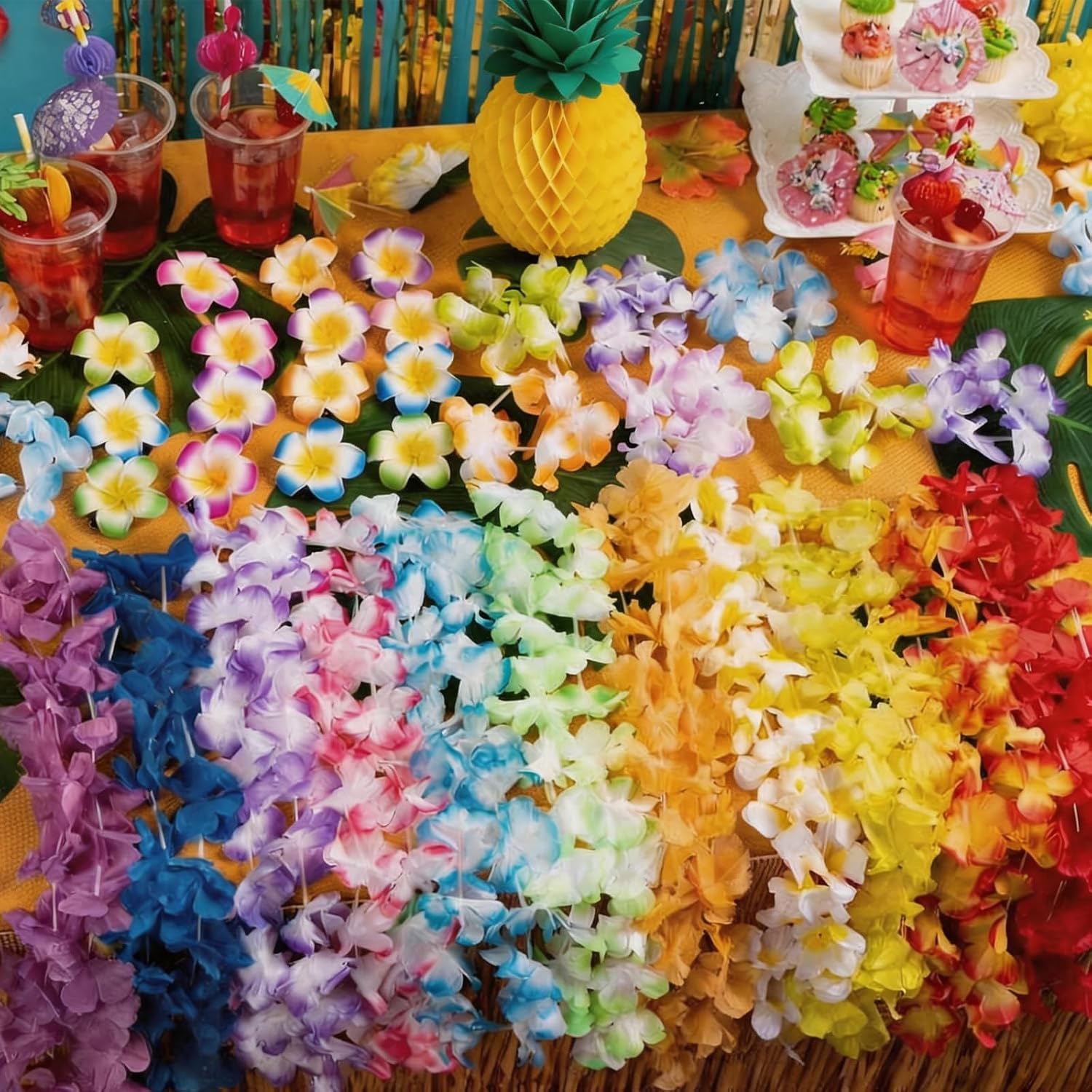 Hawaiian Aloha Luau Party Decorations, 107Pcs Tropical Summer Beach Party Supplies With Banner, Table Skirt, Hawaiian Leis, Palm Leaves, Hibiscus, Topper, Straws, Eyeglasses, Pineapple Centerpiece